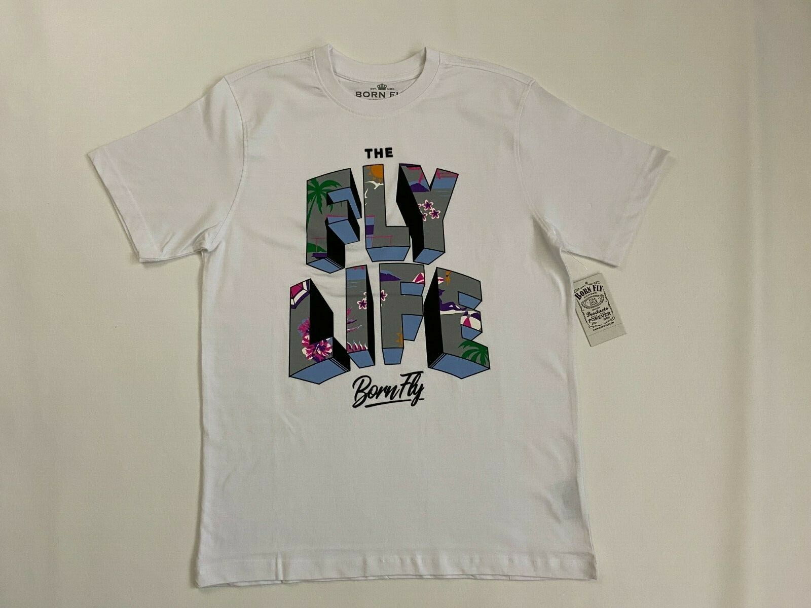 Born Fly The Fly Life Mens White Graphic T Shirt Short Sleeve Crewneck Size M