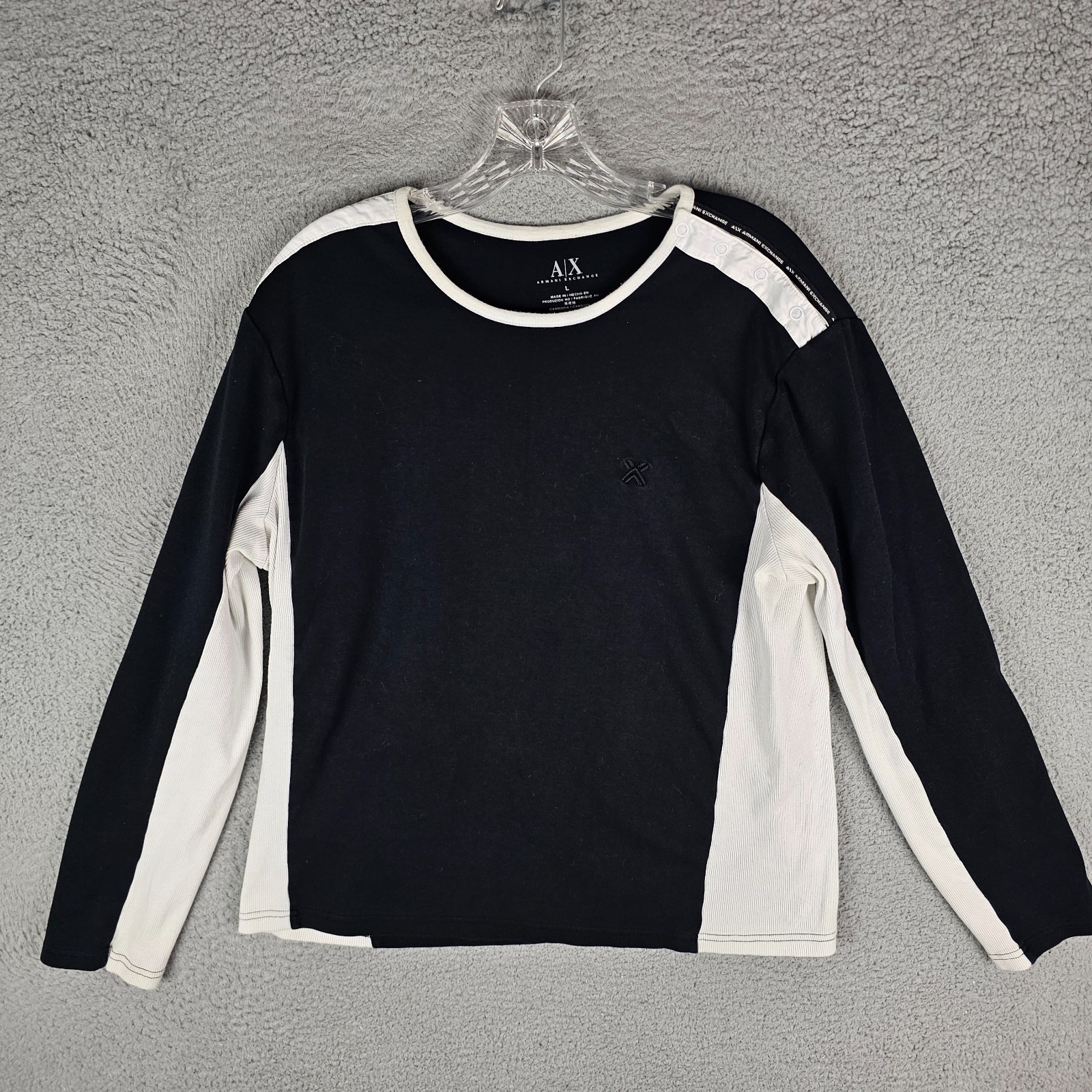 Armani Exchange Tee Shirt Womens Large Ribbed Snap Shoulder Long Sleeve