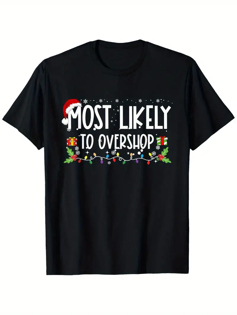 Most Likely to Overshop Christmas T-Shirt – Festive Holiday Design with Gift Box