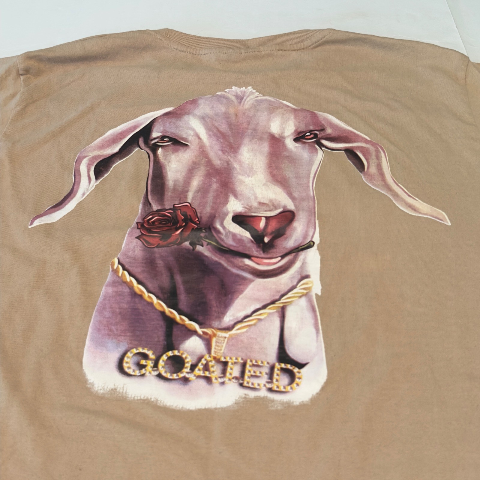 Goated Collection Tan Graphic T-Shirt Mens Large Streetwear Goat Rose Chain Tee