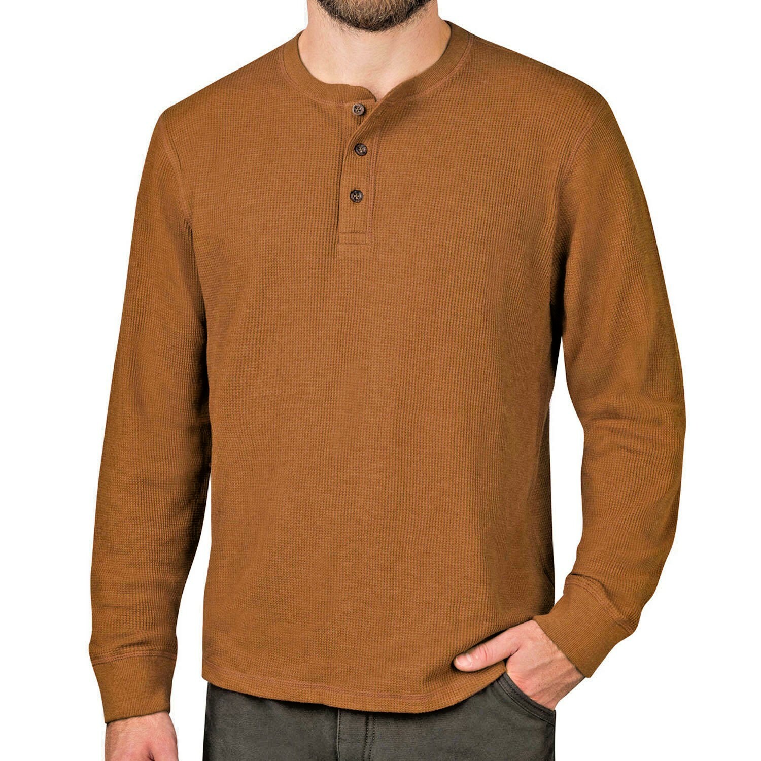 Mens Long Sleeve T-Shirt Thermal Henley Grandad Warm Waffle Knit Winter Cuff Tee