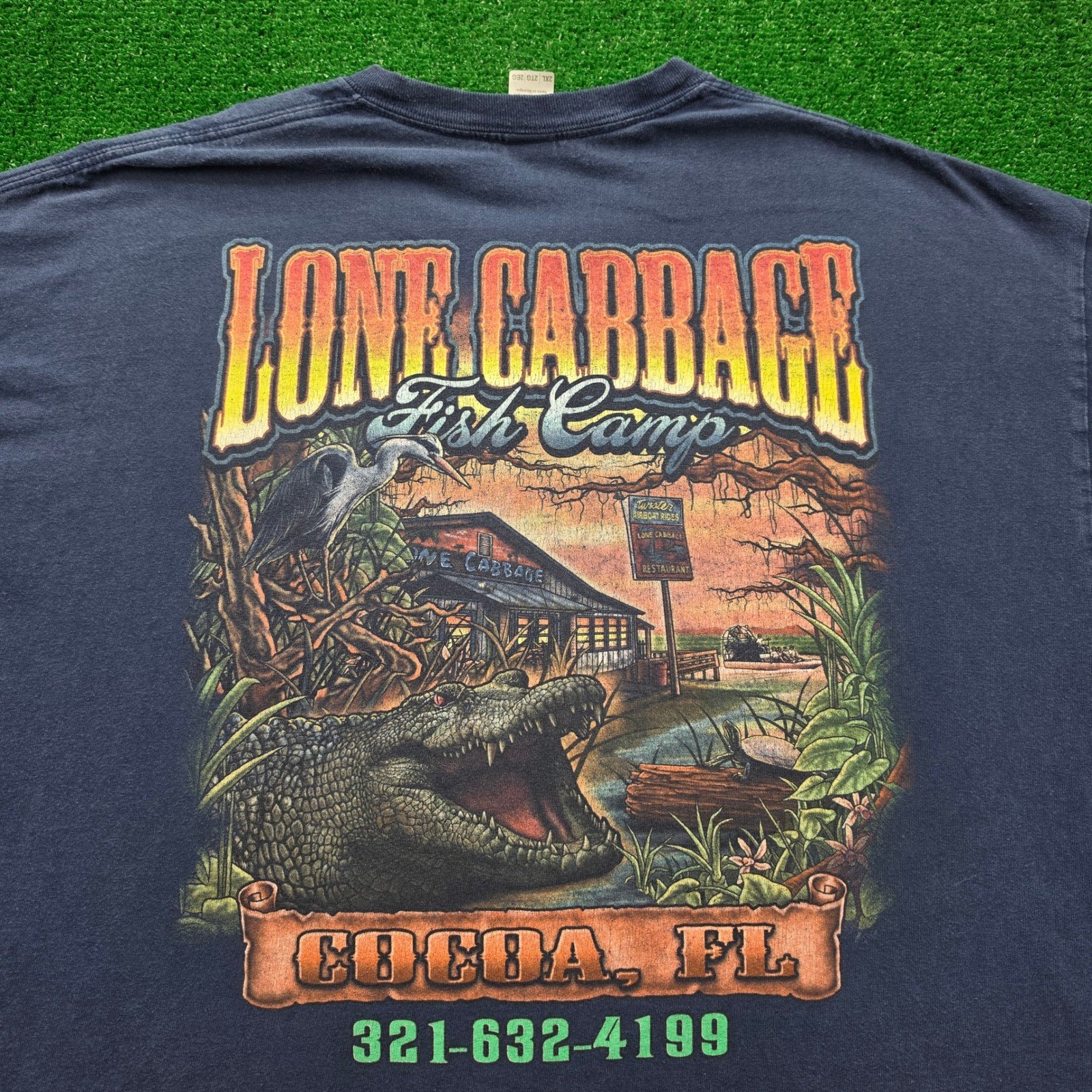 Lone Cabbage Fish Camp Tshirt Mens 2XL Blue Alligator Graphic Tee Cocoa Florida