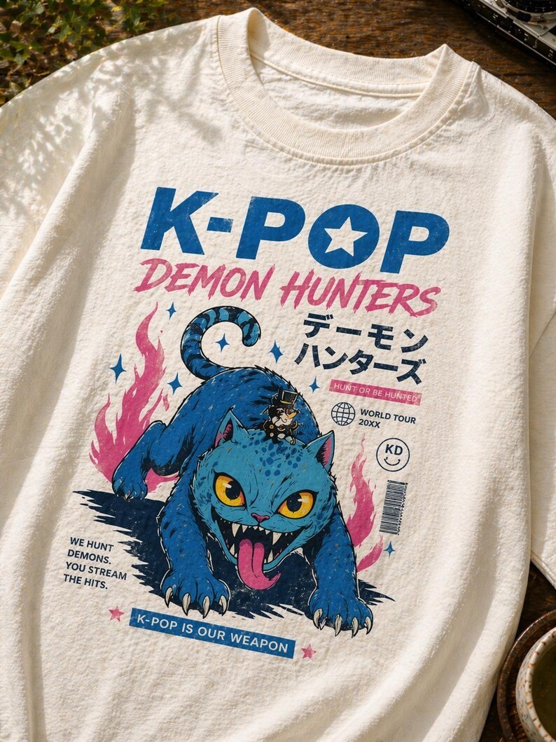 K-Pop Demon Cat Streetwear Tee – Anime Style Graphic Monster Cat T-Shirt