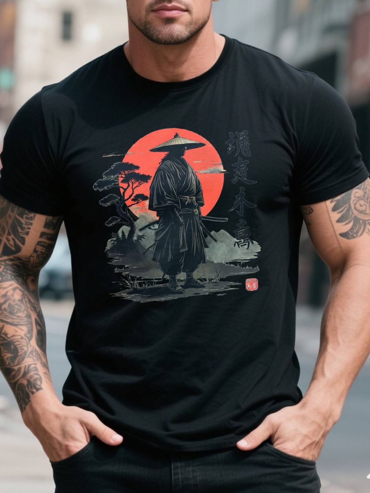 Anime Samurai Warrior Red Sun Graphic T-Shirt Japanese Manga Tee