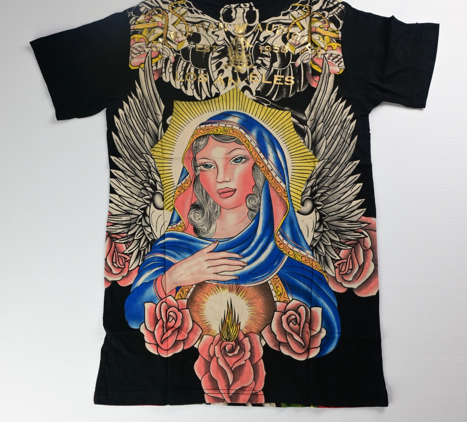 Christian Audigier Rhinestone Graphic T-Shirt Black Red Roses Wings Vintage NWT