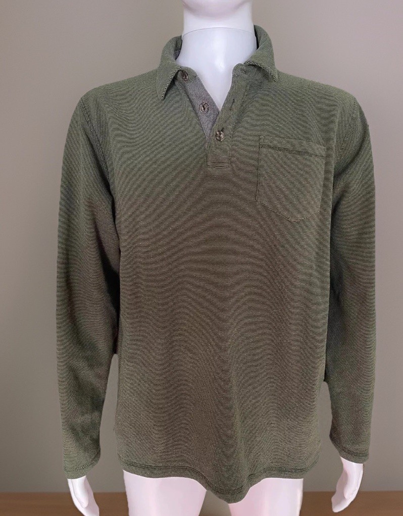 Mens LL Bean Long Sleeve Shirt Large Outdoor Army Green 1/4 Button Pull On