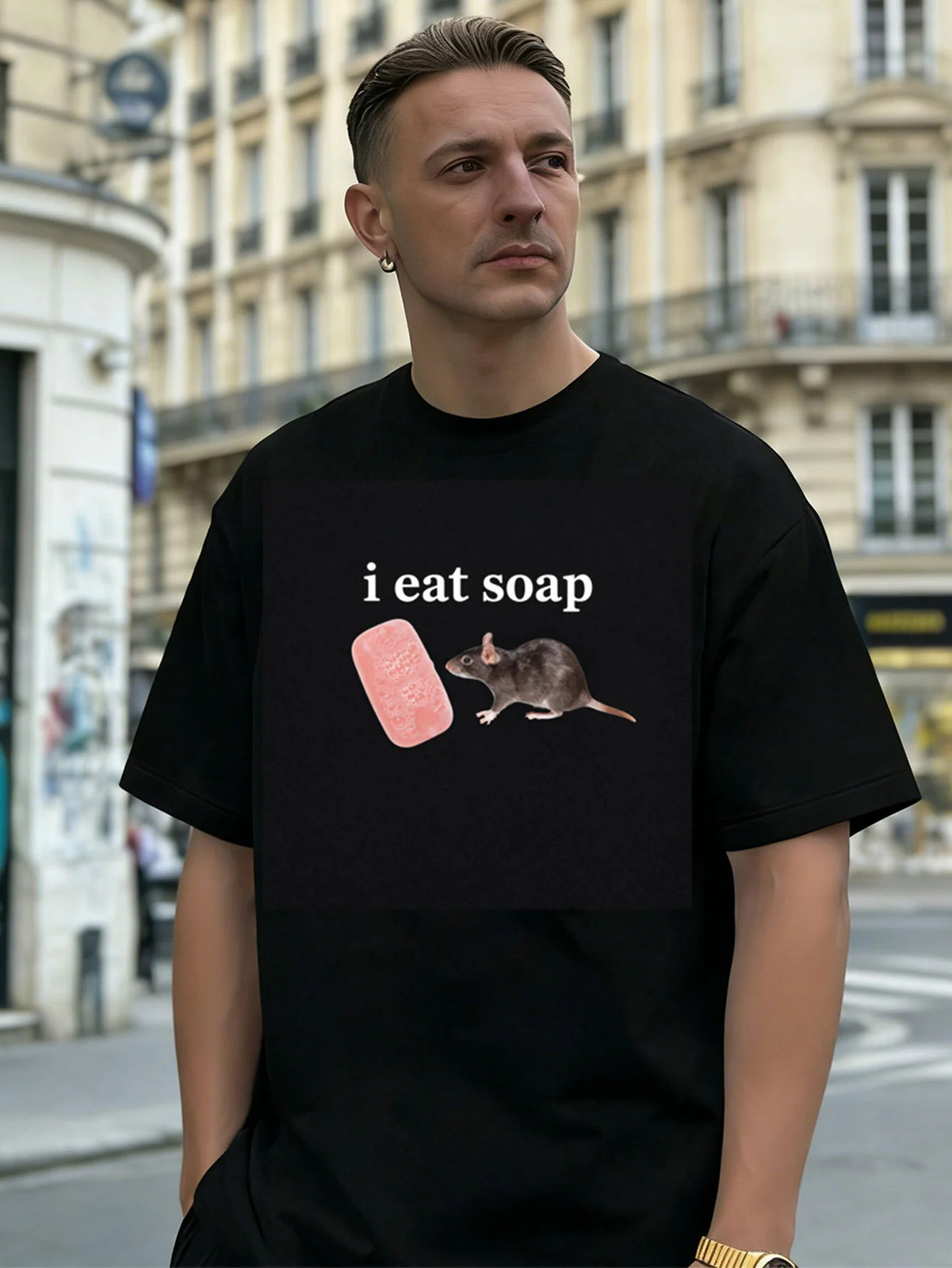 Rat Eating Soap Graphic 100% Cotton Men’s T-Shirt,Suitable for Daily Casual Wear