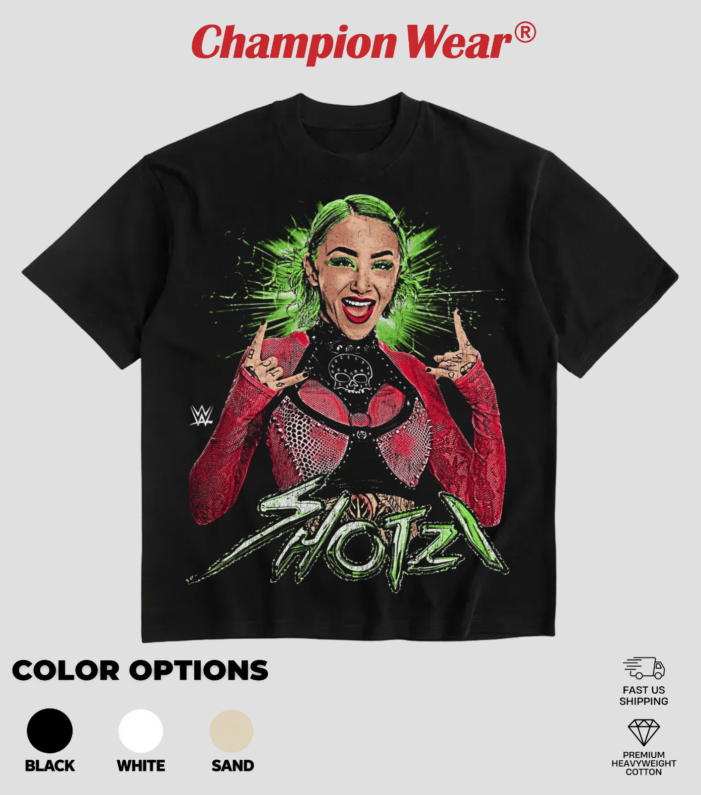 Champion Wear Shotzi Green Energy Rock On Heavy Cotton T-Shirt