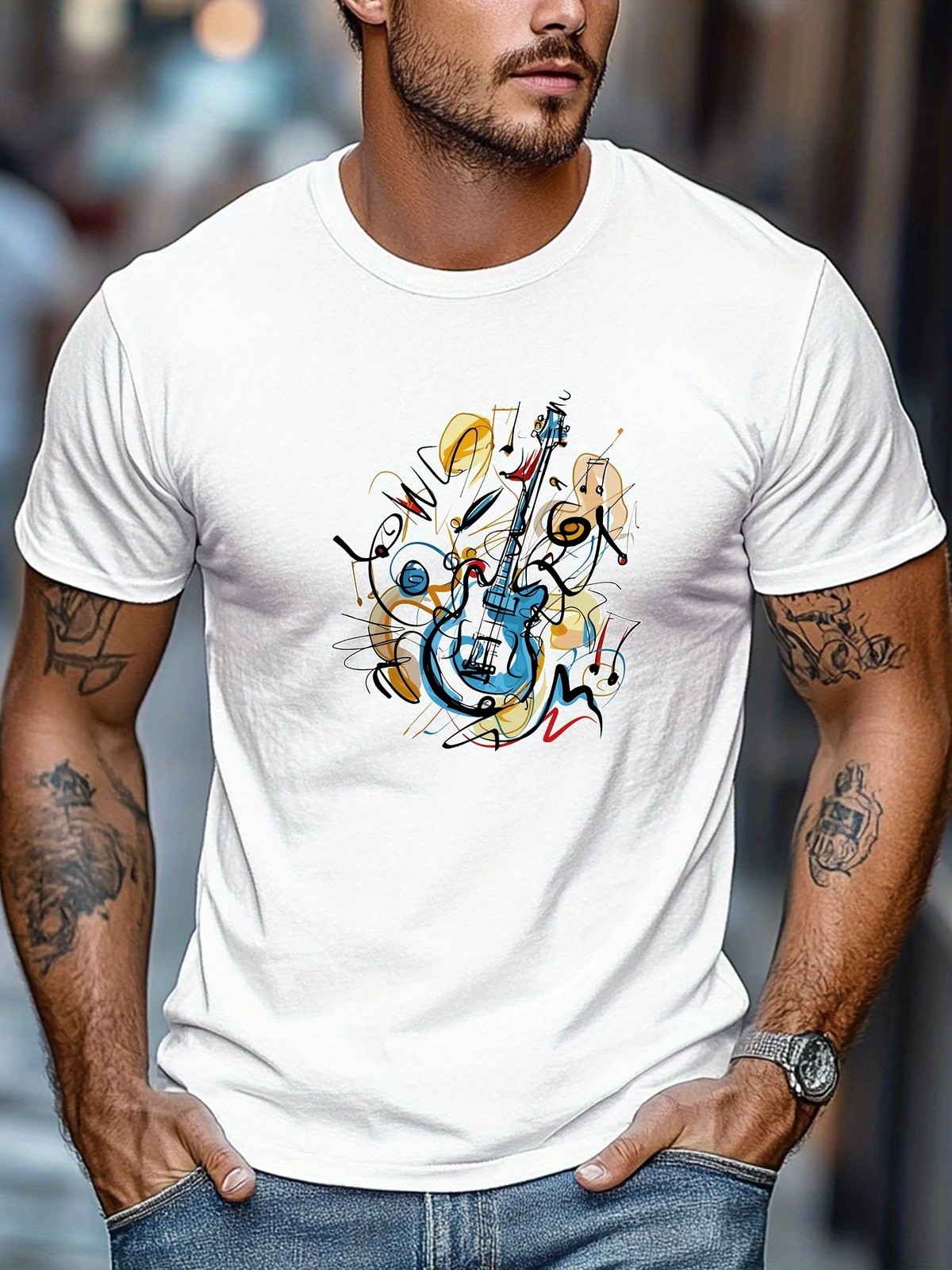 Men’S Guitar Pattern Summer Casual Round Neck Short Sleeve T-Shirt, Plus Size