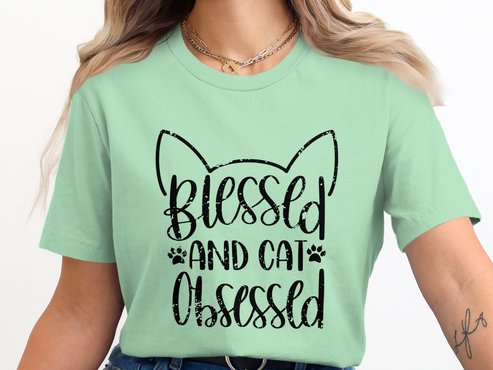 Blessed And Cat Obsessed Graphic Unisex Casual T-Shirt Grunge