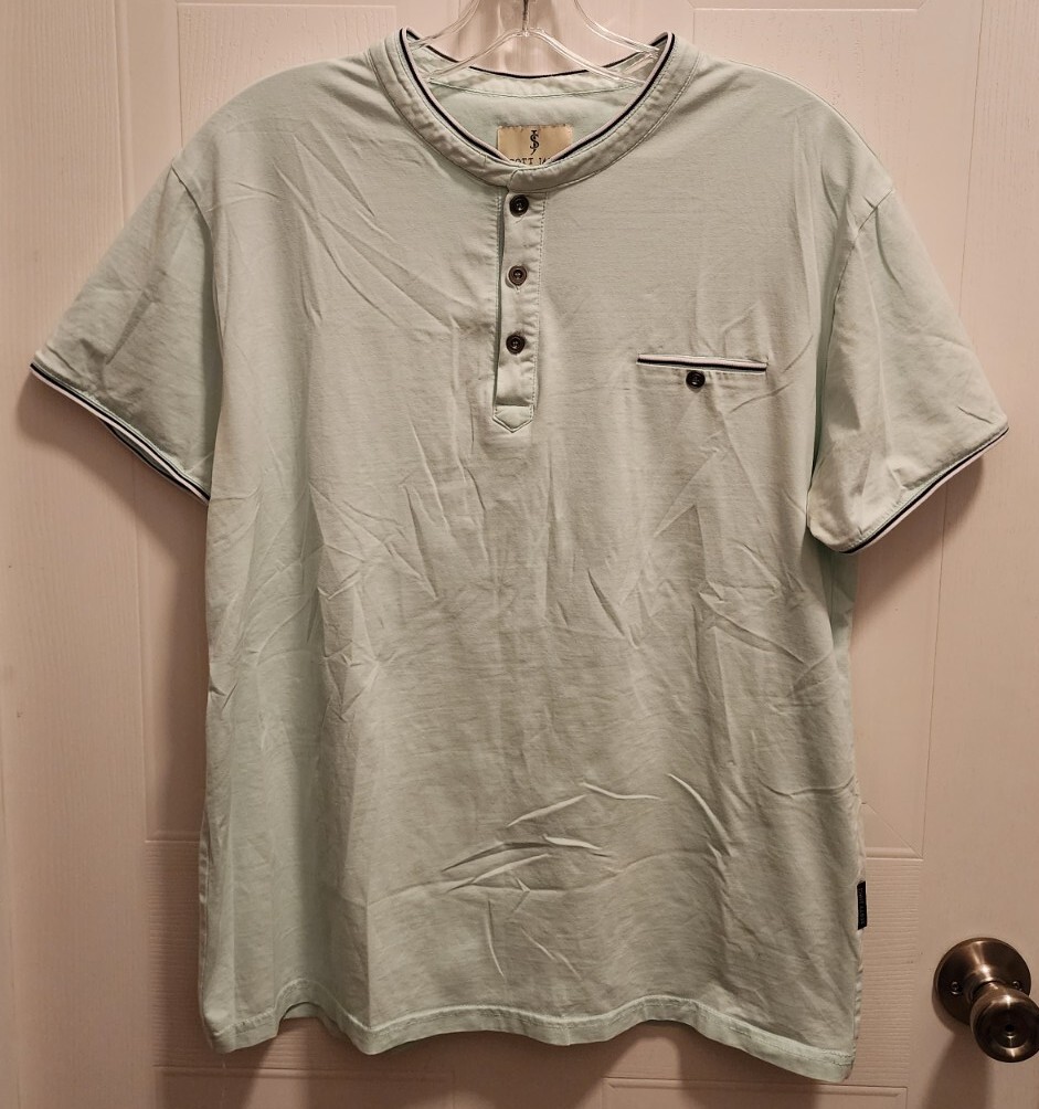 Scott James Men’s Short Sleeve Henley Button Polo Shirt Light Blue Cotton Size L