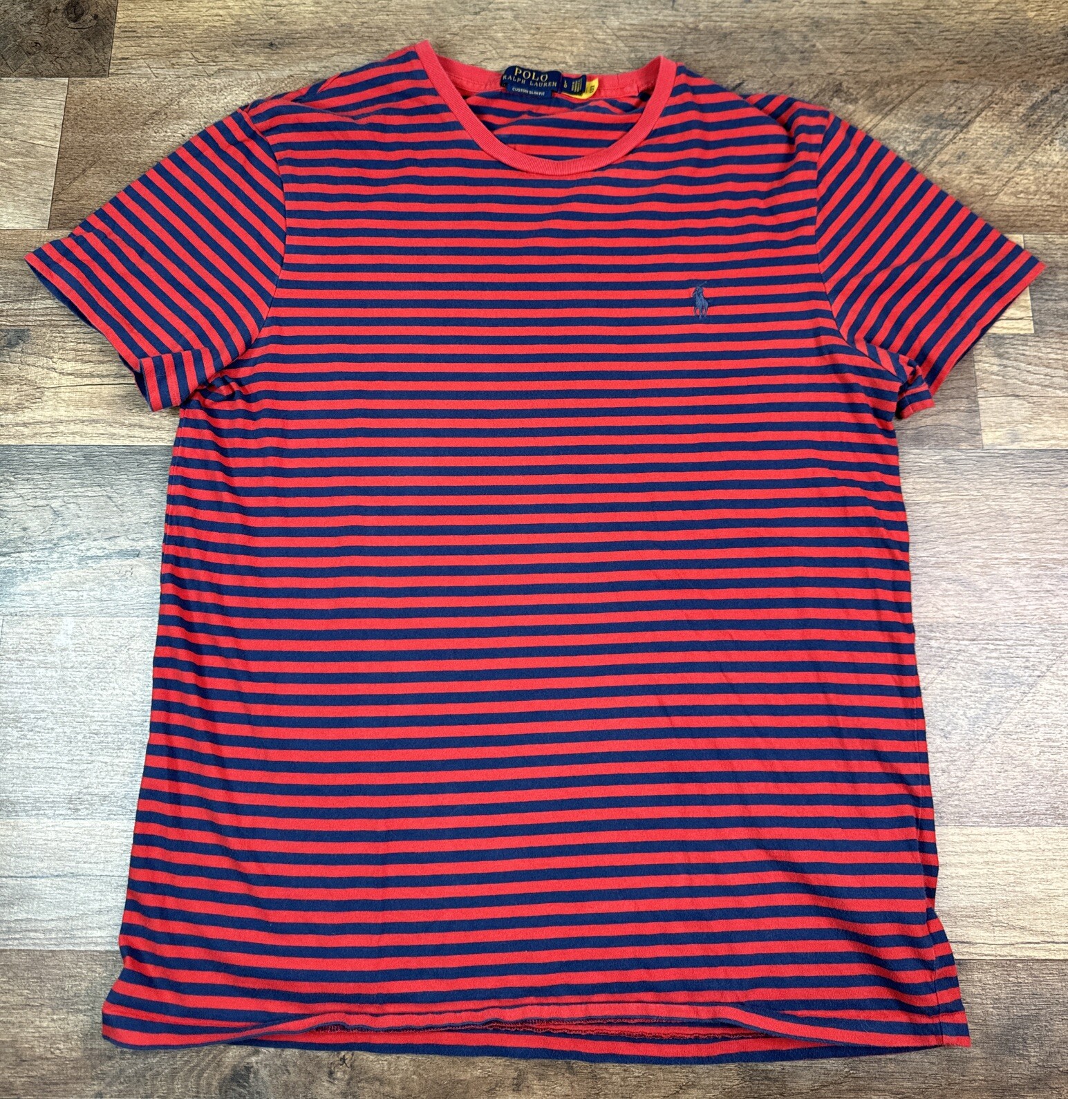 Polo Ralph Lauren Navy Blue & Red Striped S/S Shirt Pony Logo Sz Large Preowned