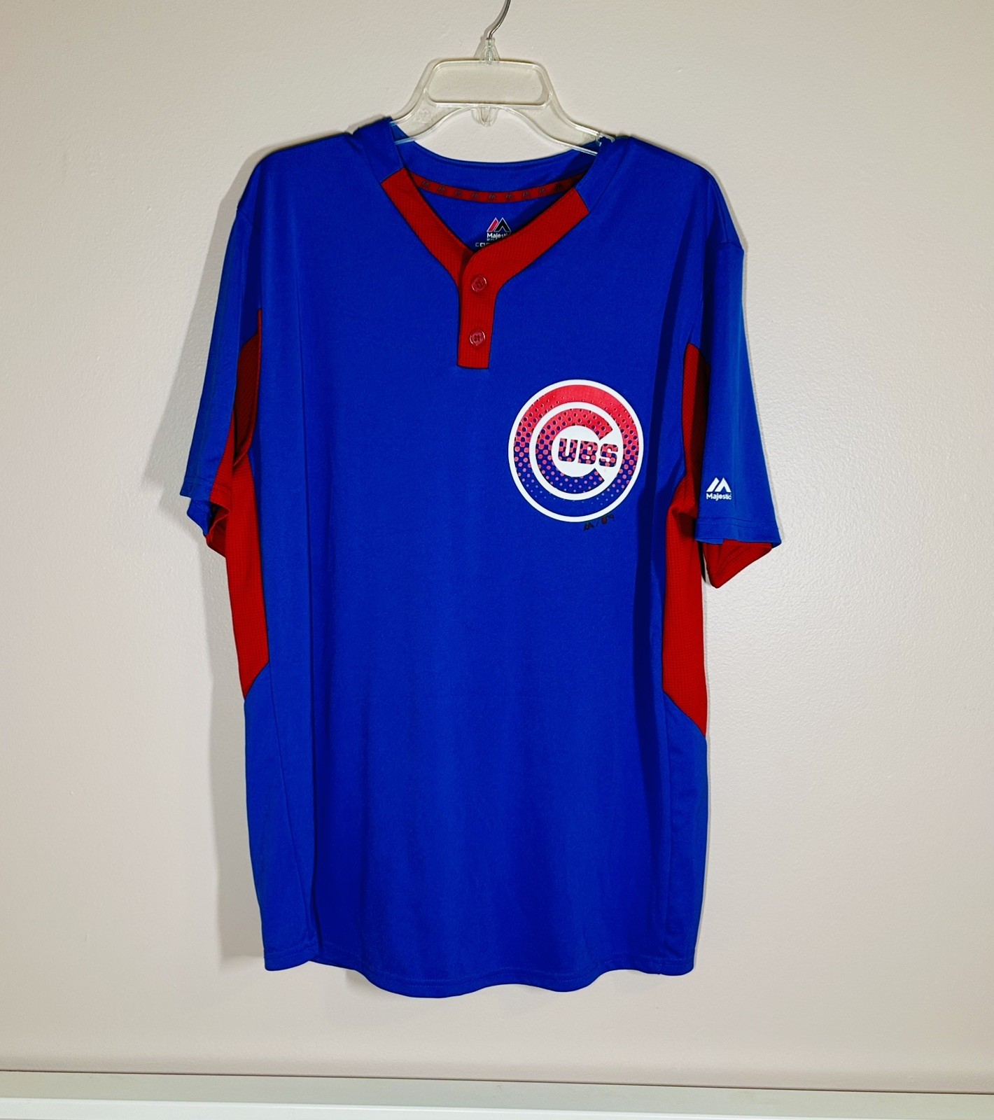 Majestic Mens XL Chicago Cubs MLB Cool Base Jersey Shirt Blue Red Short Sleeve