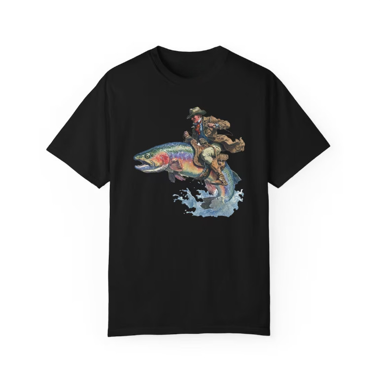 NEW!! Western Cowboy Riding Fish T-Shirt Funny Rainbow Trout Graphic Tee
