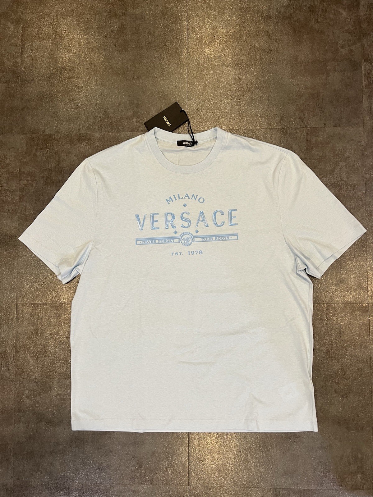 $750 RARE Versace Men’s Logo Cotton Jersey T-Shirt Pastel Blue XXL