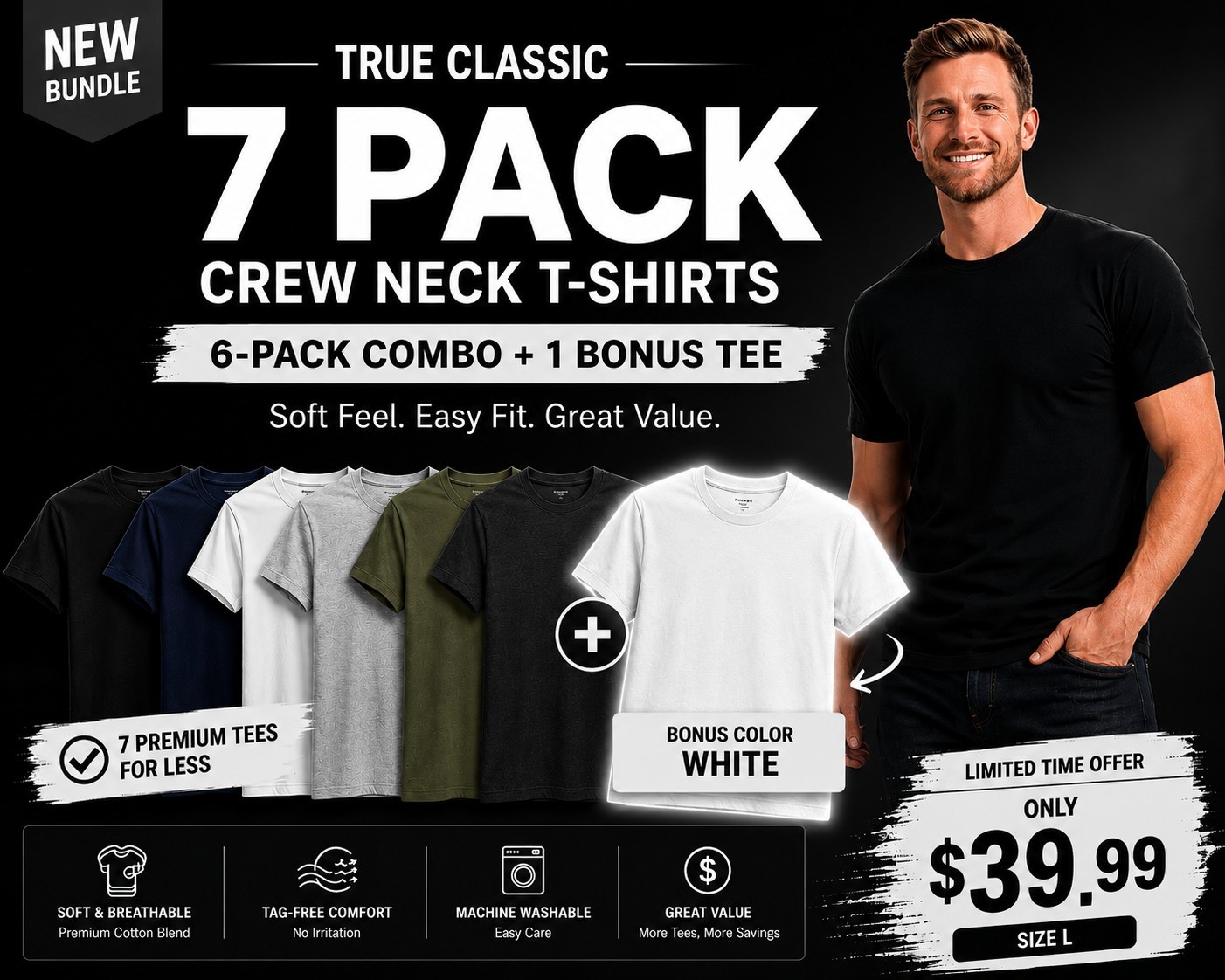 🔥 True Classic 7-Pack Crew Neck T-Shirts | Size L | + Bonus White Tee