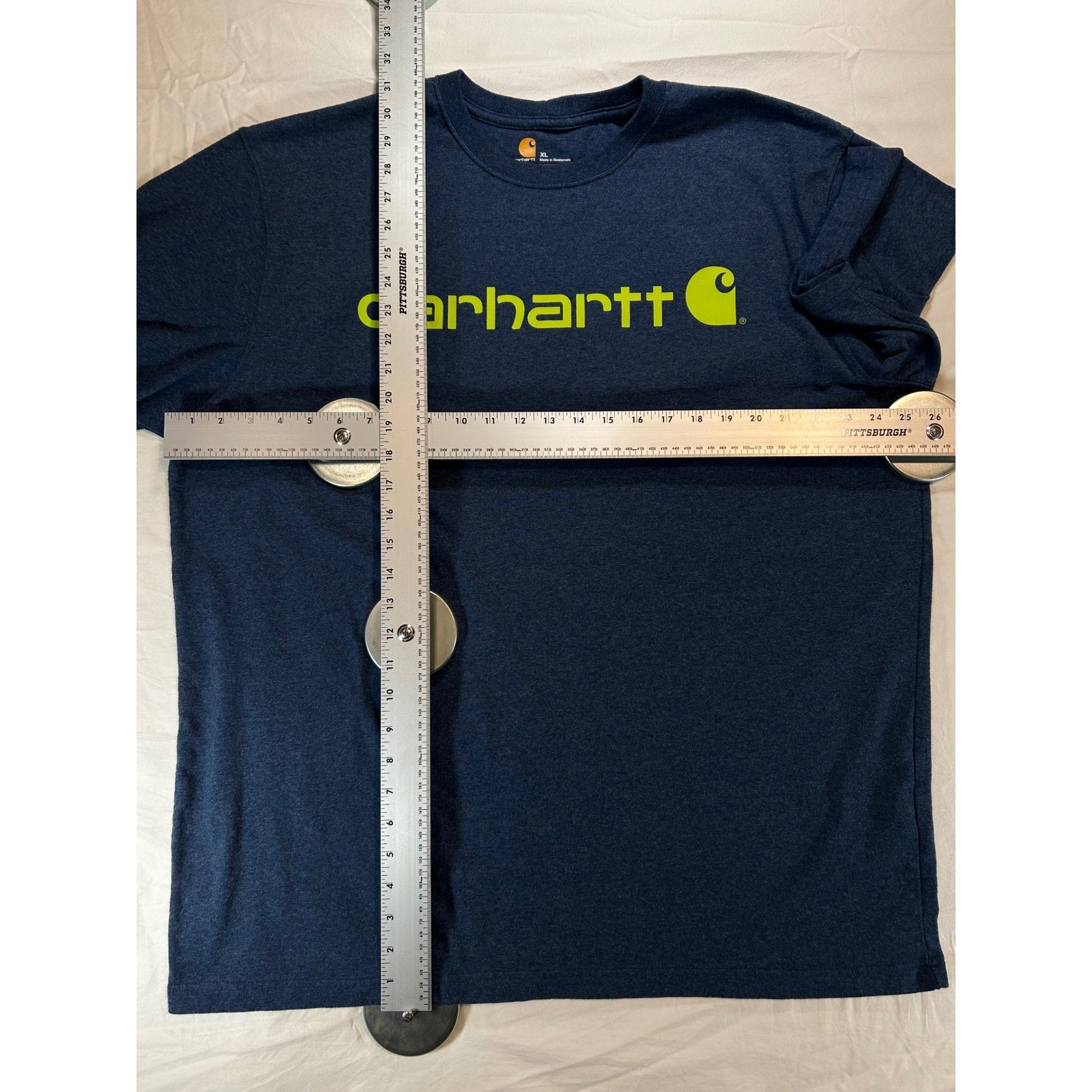 Carhartt Mens XL T-Shirt Navy Blue Heather Lime Green Logo Original Fit K195 413