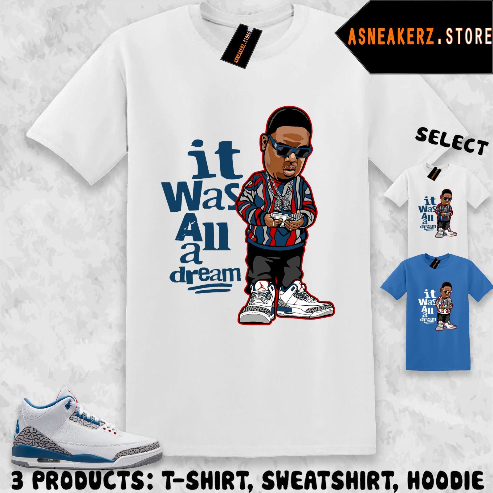 Shirt Matching AJ 3 OG True Blue 2026 Match Sneaker Sneakerhead Biggie T-Shirt