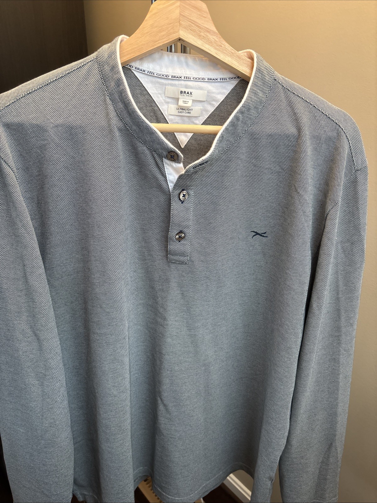 Brax Men’s Feel Good Henley Long Sleeves XL Ultralight, Easy Care, Gray/Blue