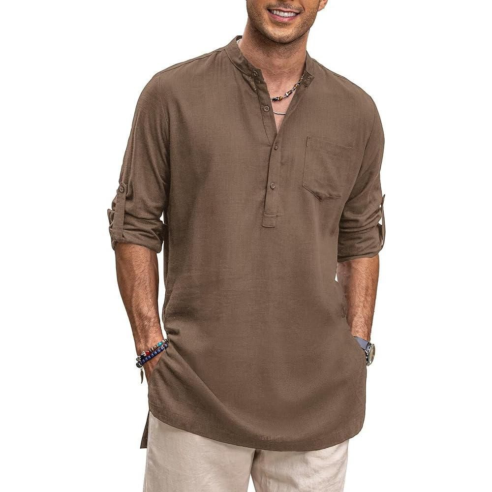 COOFANDY Men Linen Henley Shirts Long Sleeve Collarless T-Shirts Longline