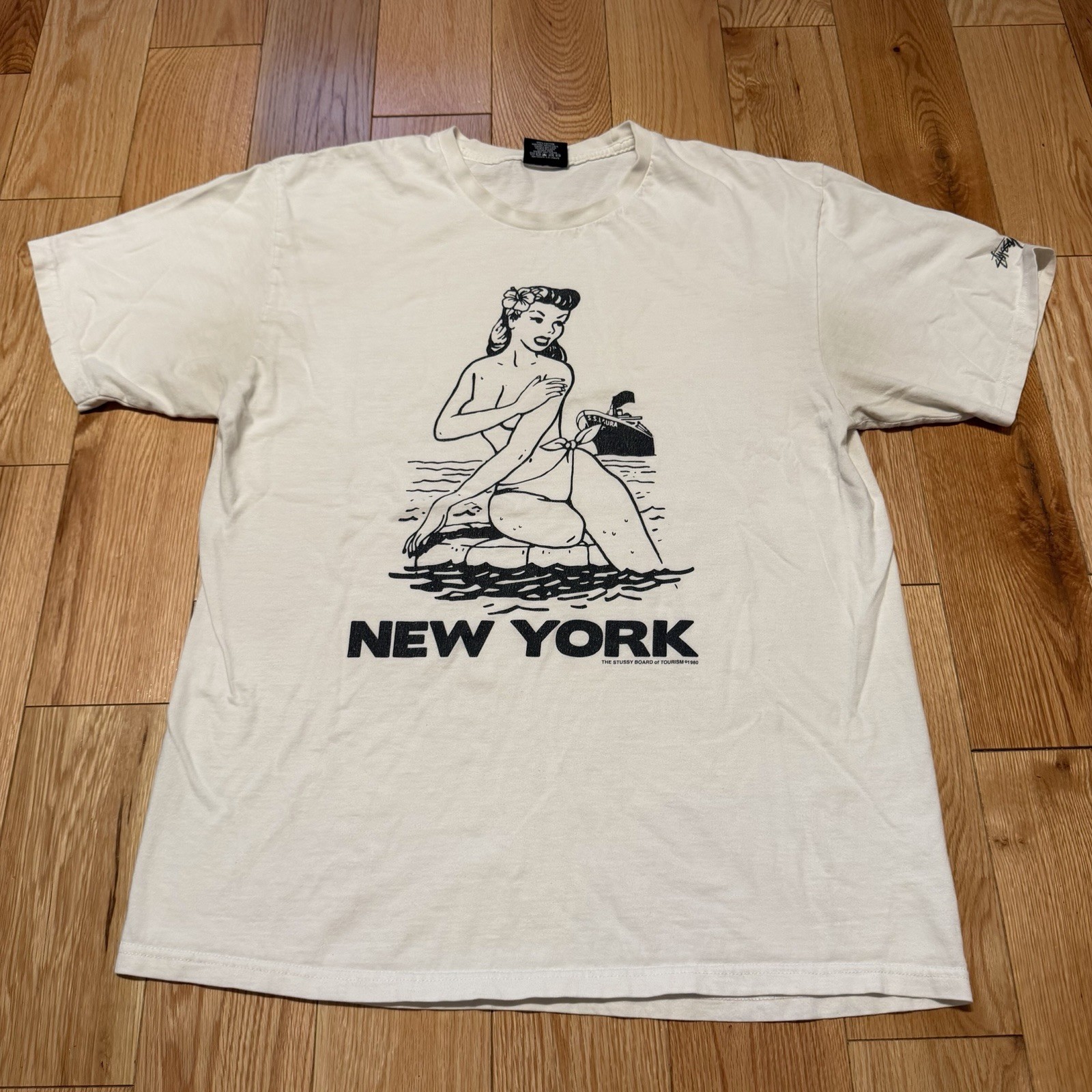 Stussy Shirt Mens Size Large Aloha Cities New York Graphic Brooklyn Pin up Y2K