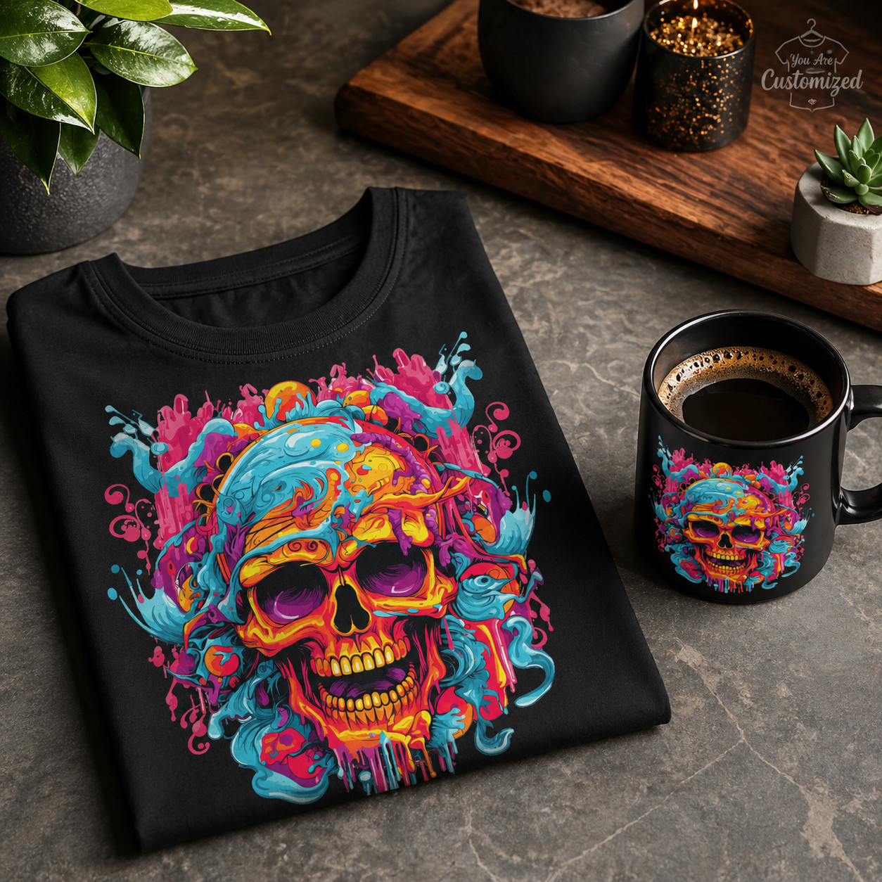 Colorful Skull Graphic T-Shirt Black or White Unisex Streetwear Art Tee