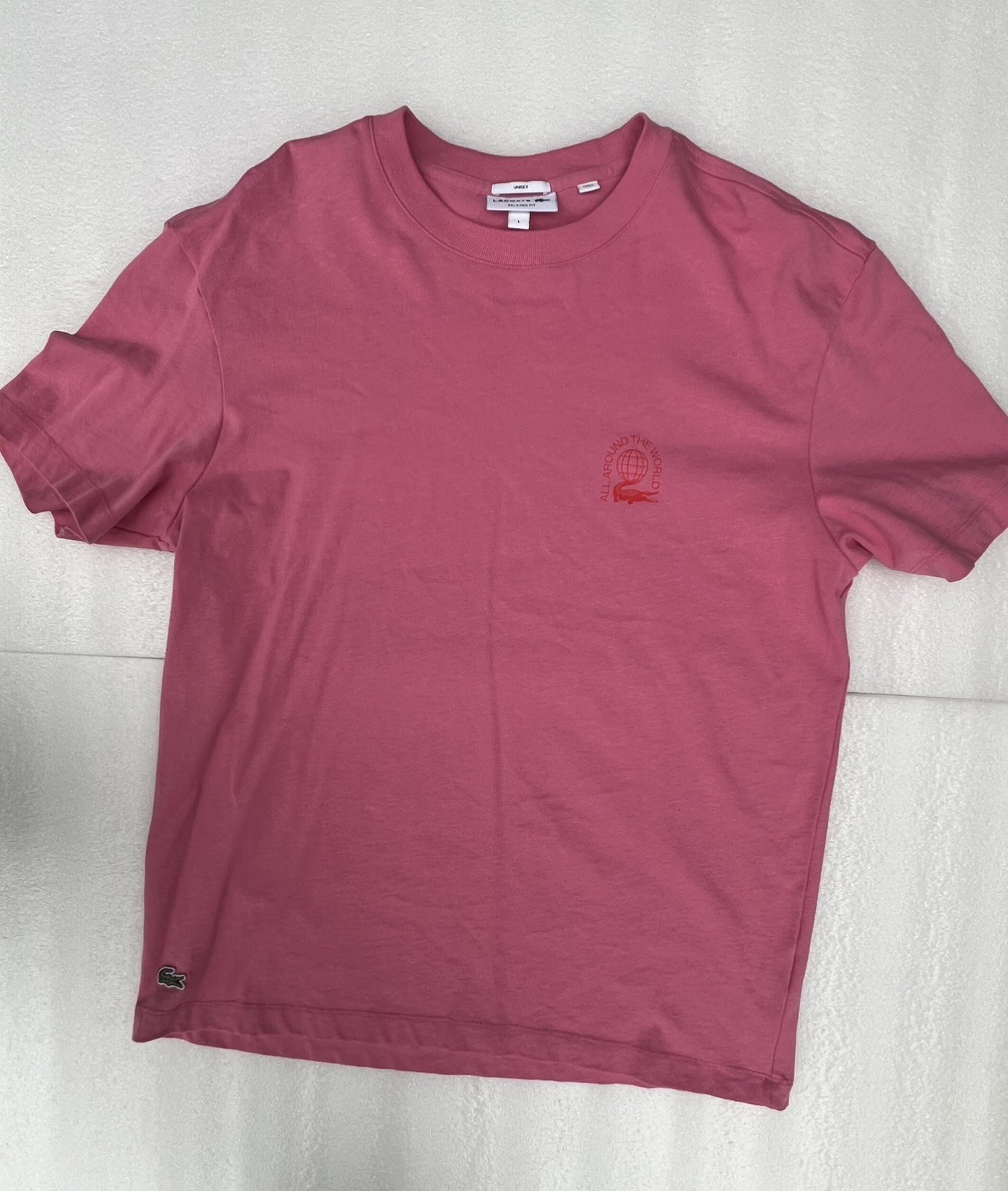 Lacoste men women’s size L pink relaxed fit graphic print unisex cotton t shirt