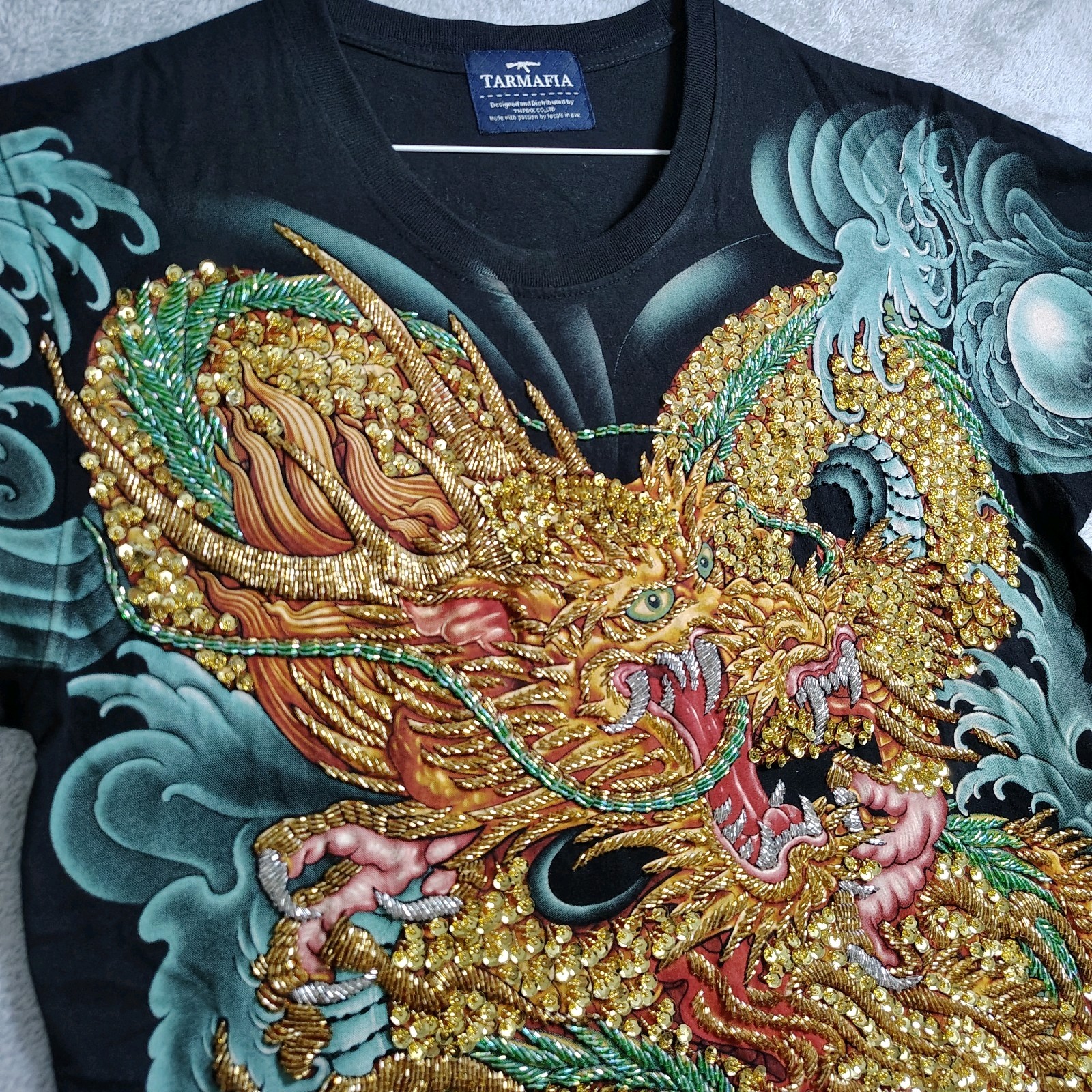 TARMAFIA Year of the Dragon Handmade Sequin & Beaded Mens L Shirt Power Fortune
