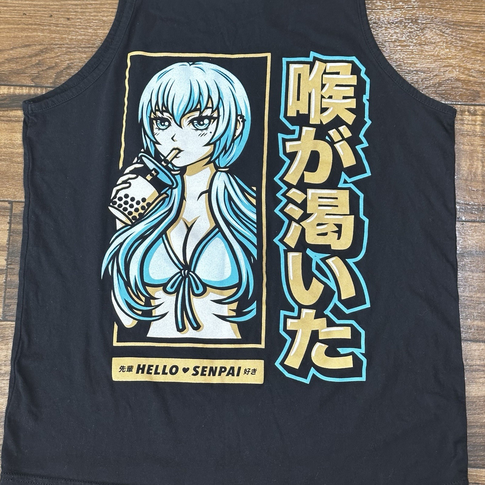 Hello Senpei Anime Bubble Tea Black Tank Shirt Sleeveless Adult Cartoon Japan