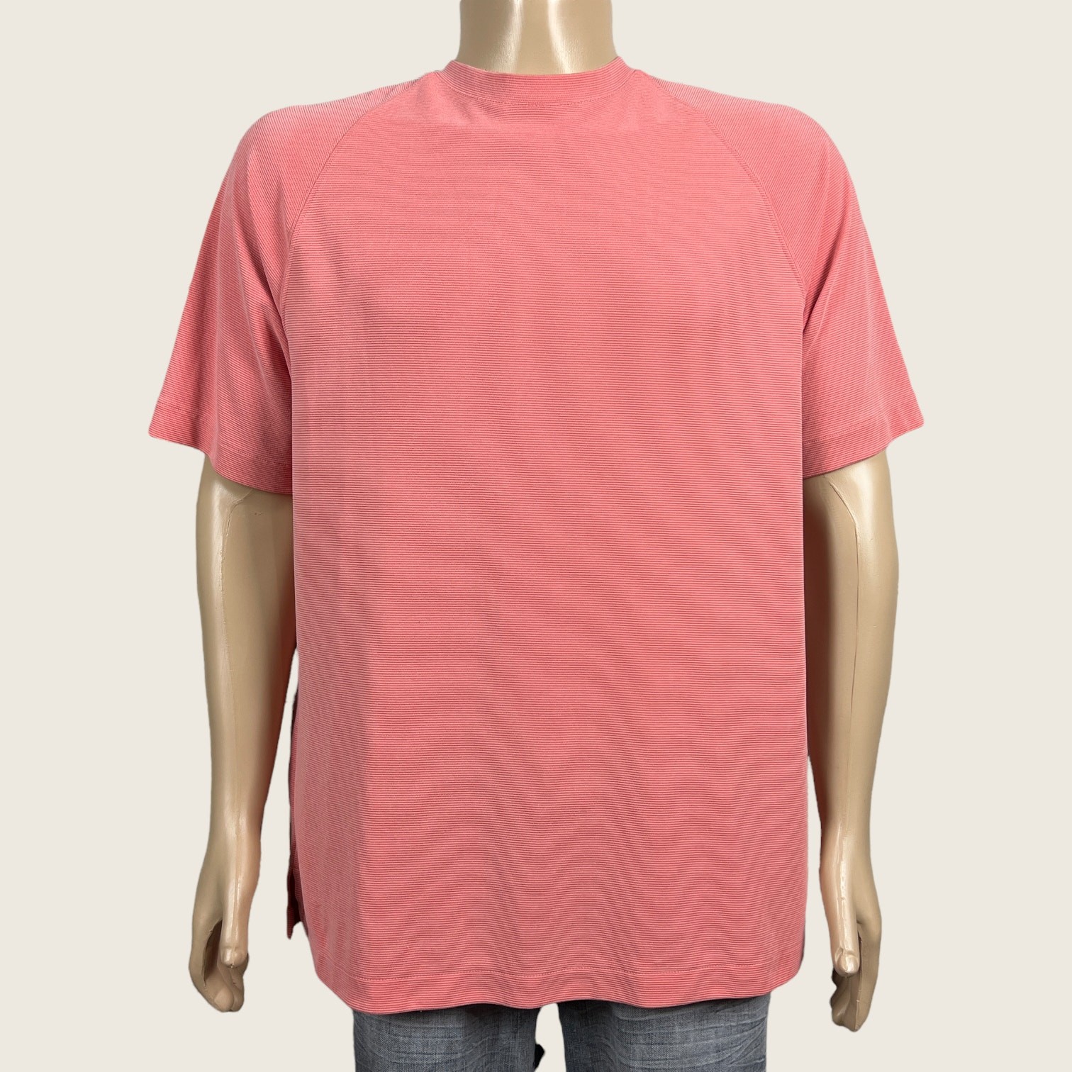 Caribbean Peach Pink Tonal Stripe Ribbed Casual Shirt T-shirt Men’s LARGE Golf