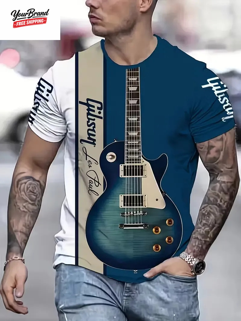 2025 Hip Hop Guitar Graphic T-Shirt for Men Trendy Rock Crew Neck Short Sleeve T