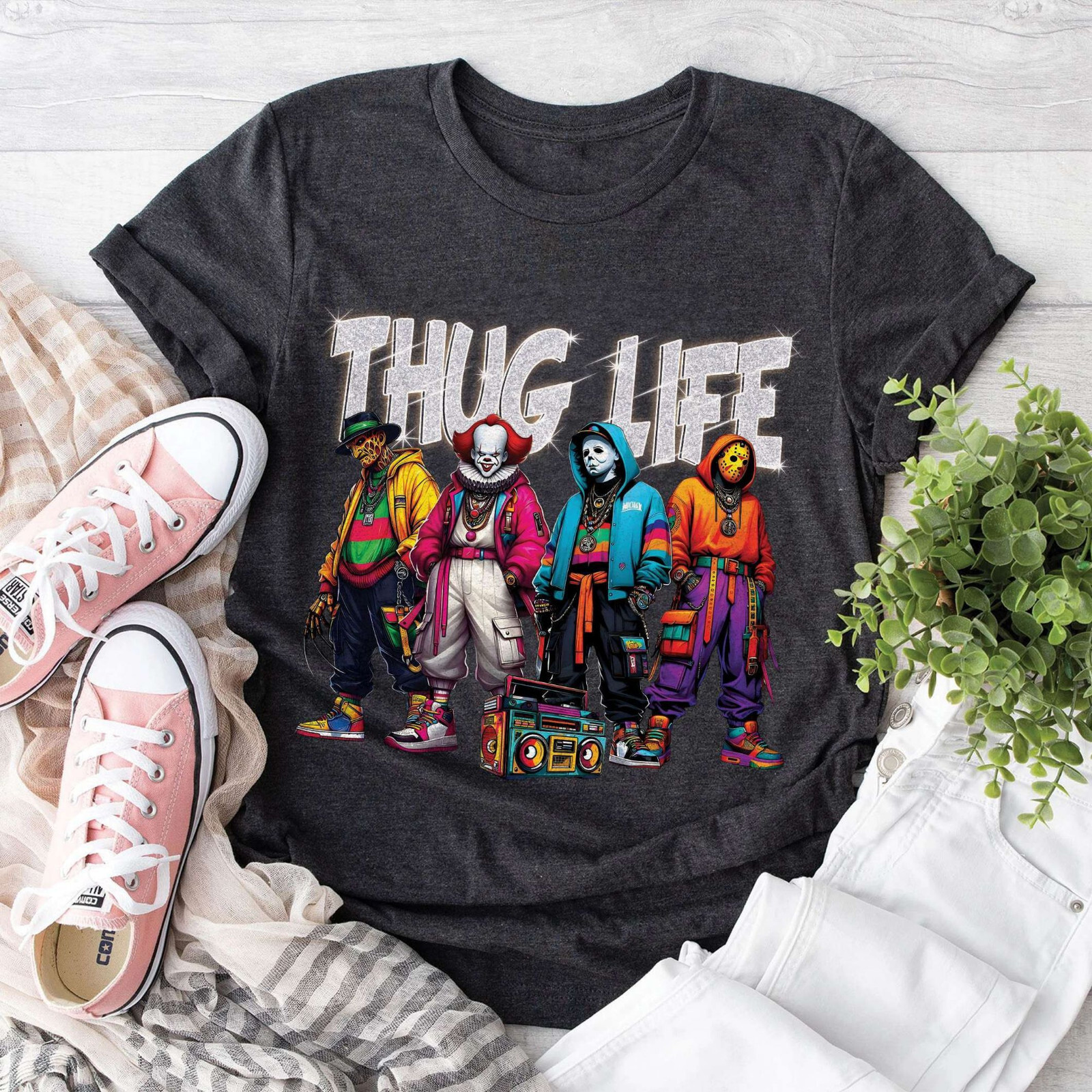 Thug Life Gangster Horror Icons Halloween T-Shirt, Horror Movie Characters Shirt