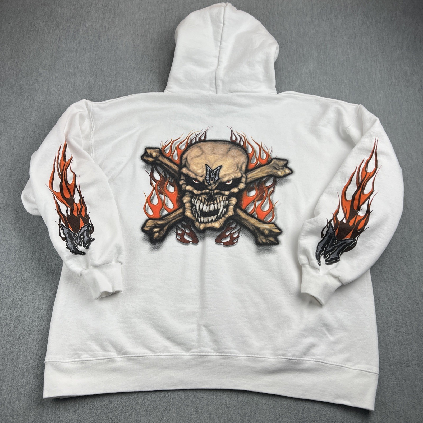 Vintage Martin Bros. Customs Bikes Hoodie Men’s XL* White Skull Flame Arm Hits