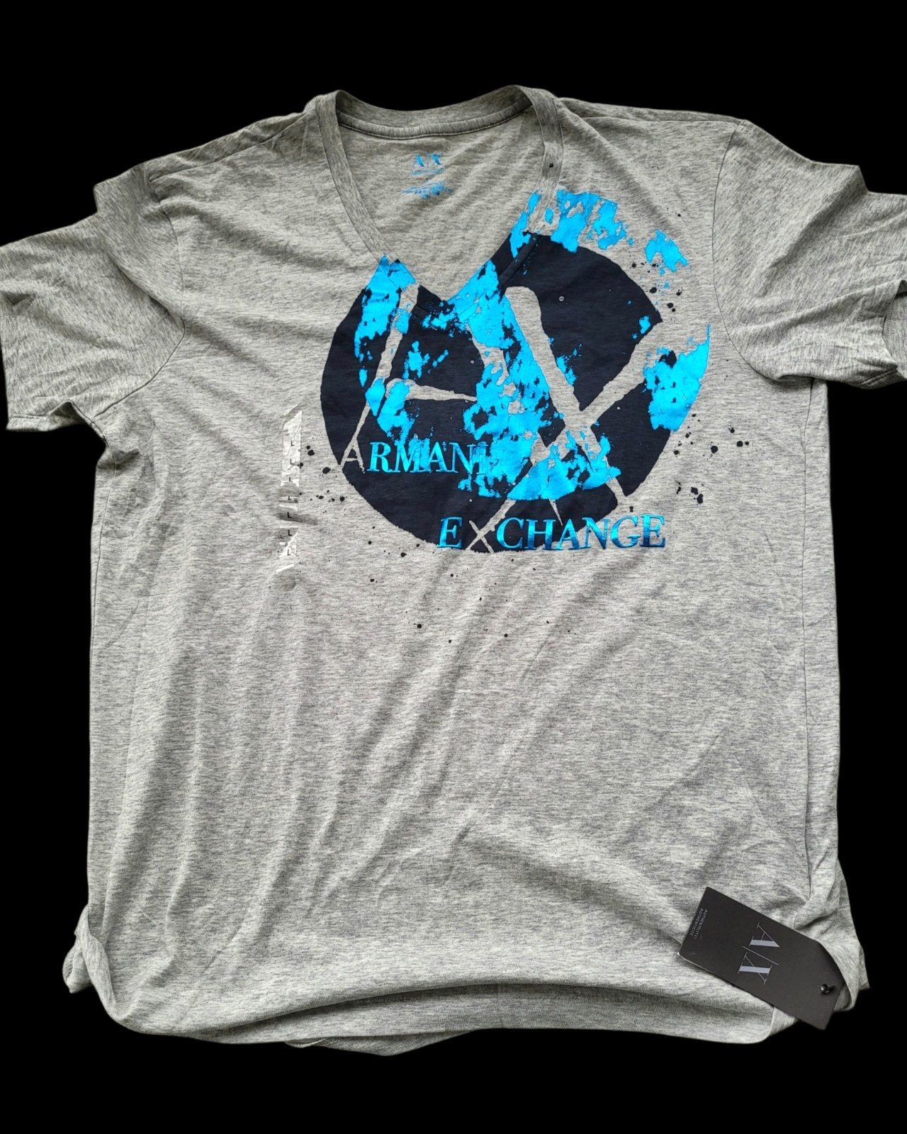 NWT Armani Exchange Heather Gray Blue Foil Graphic V Neck Logo Tee T Shirt Sz L