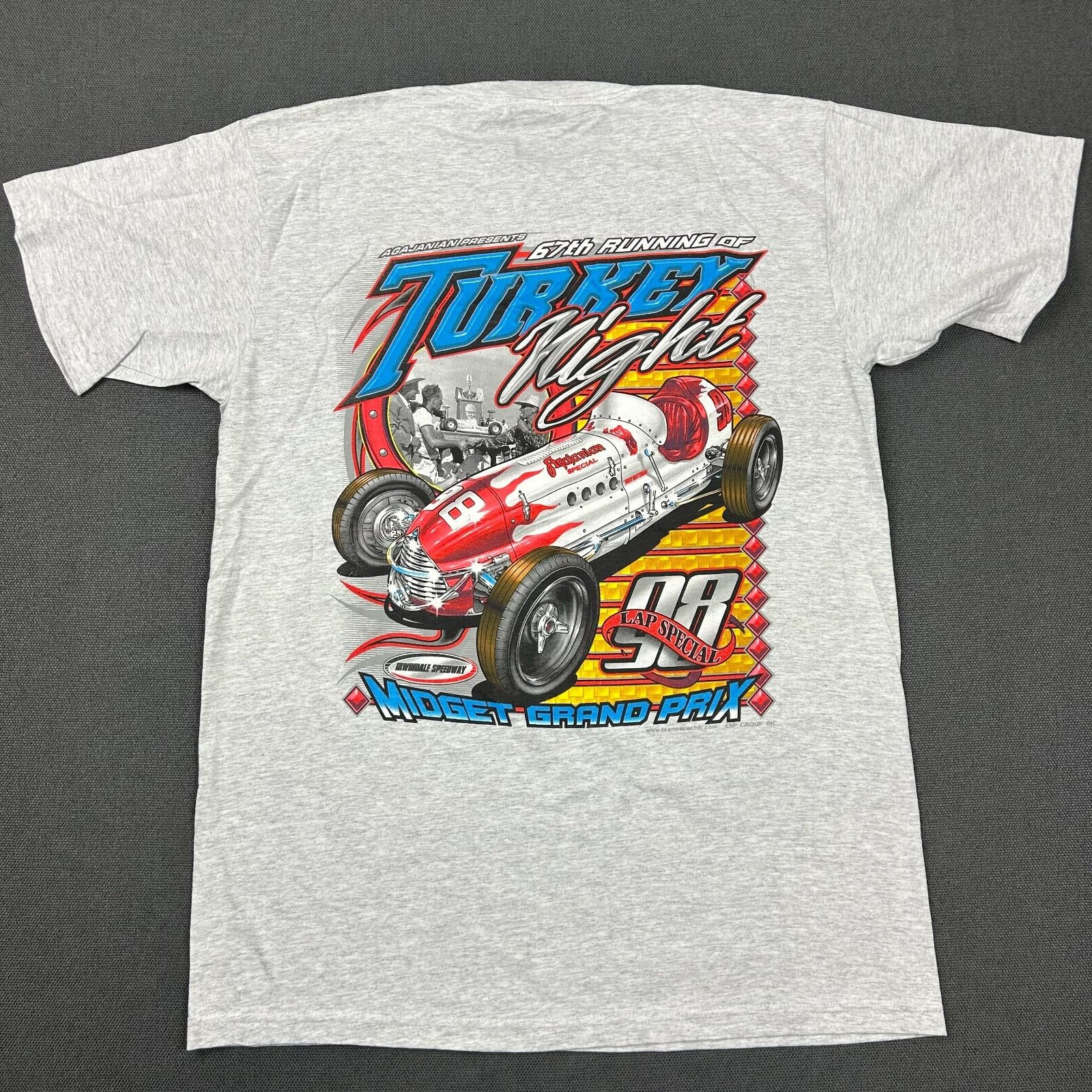 Vintage Midget Grand Prix Shirt Mens Large Gray Turkey Night Speedway Racing 98