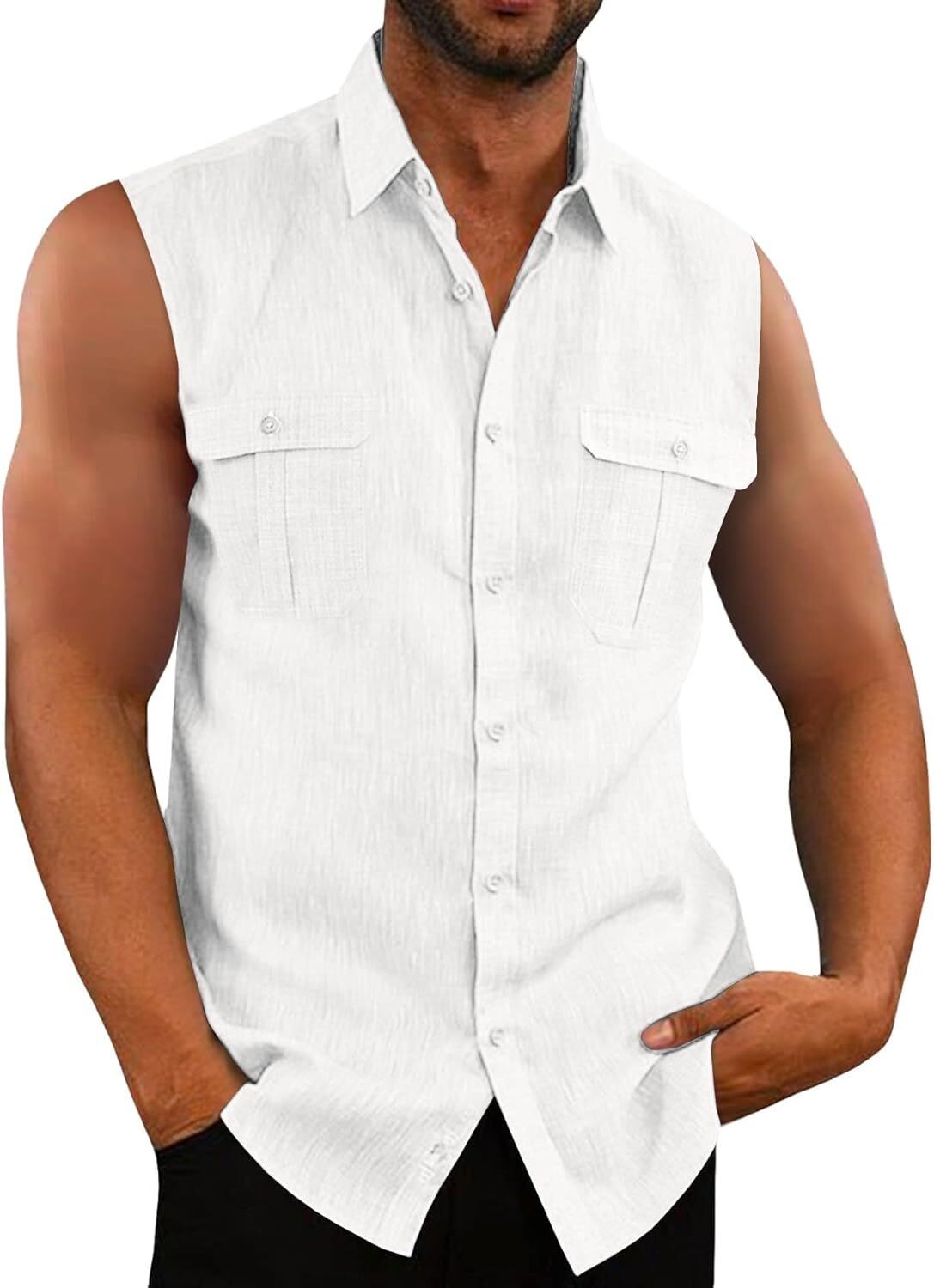 Mens Linen Cotton Sleeveless Button Down Shirt Summer Beach Casual Top
