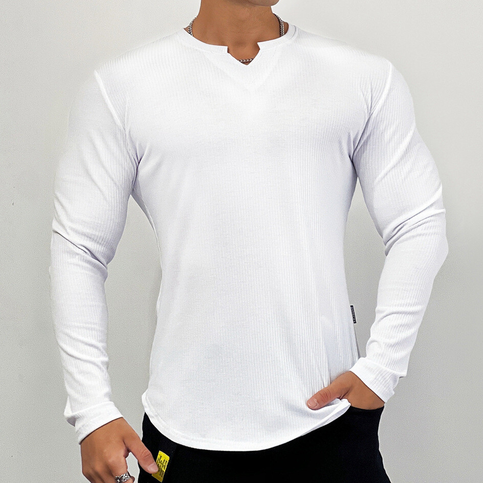 Men’s Sports Tight Fitness Long Sleeve Solid Stripe Stretch Sports T-shirt