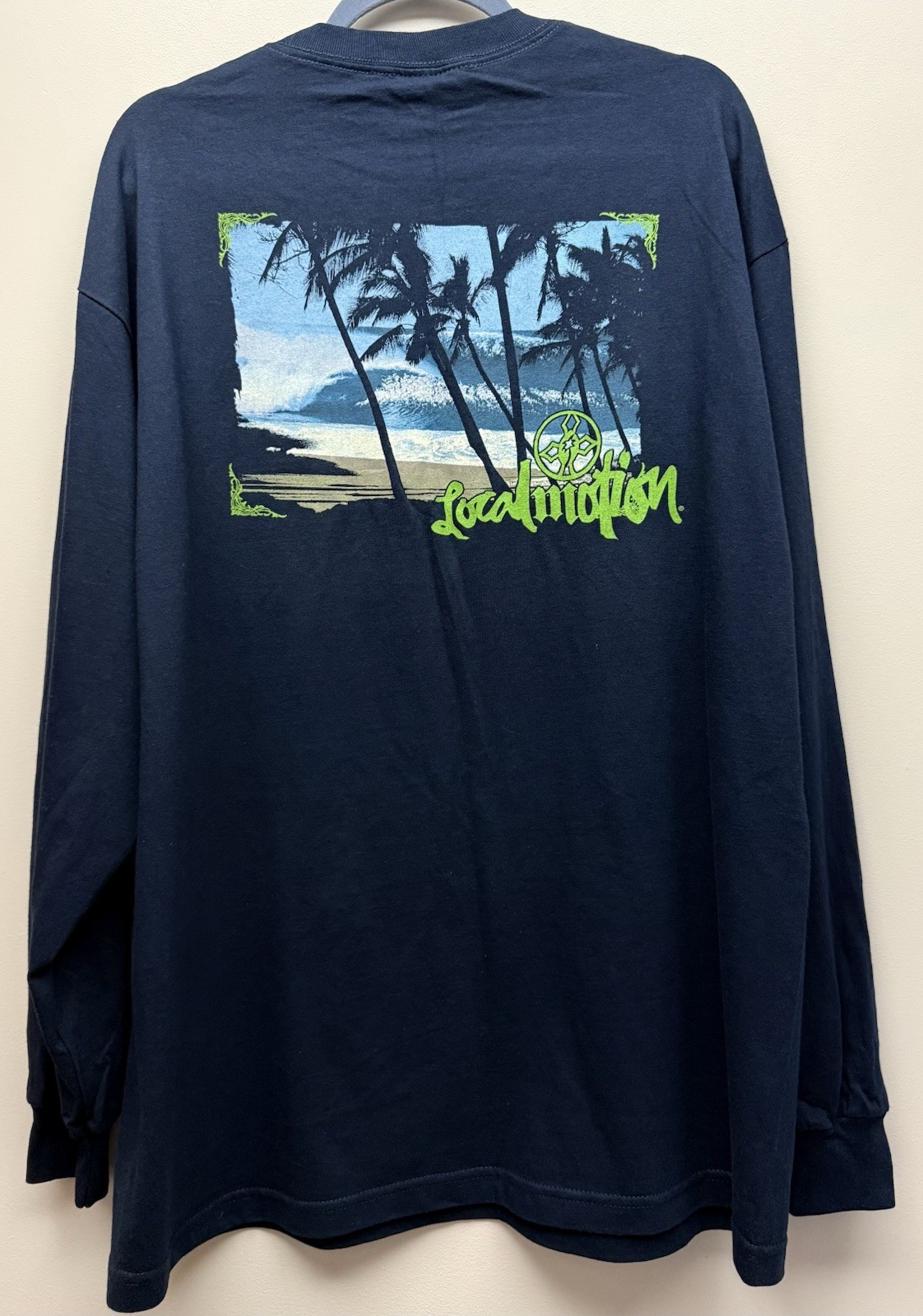 NEW Local Motion Men’s Navy Blue Long Sleeve Beach Palm Tree Graphic T-Shirt XL