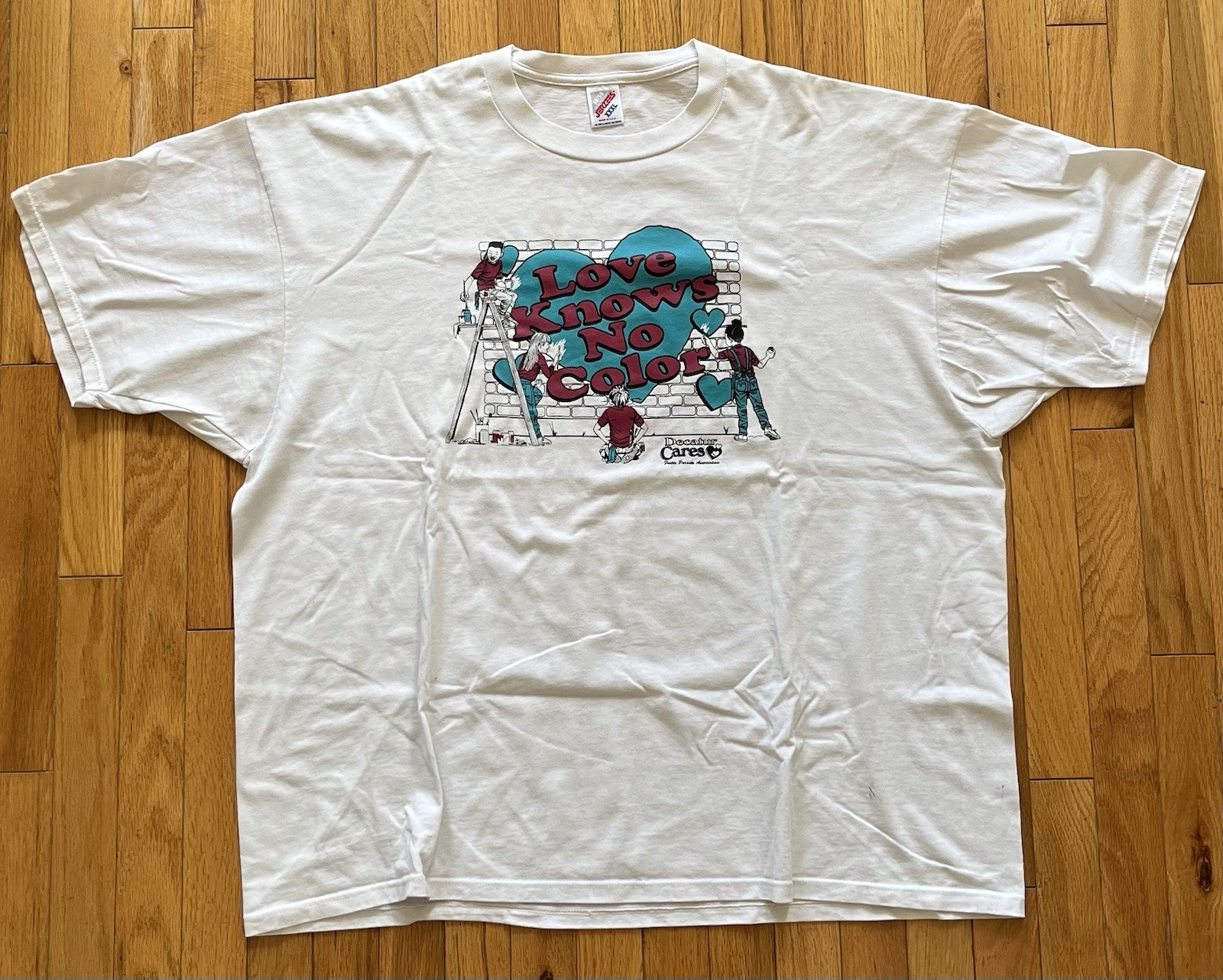 VTG Love Knows No Color Decatur Cares Single Stitch T Shirt Teal XXXL USA 90s GA