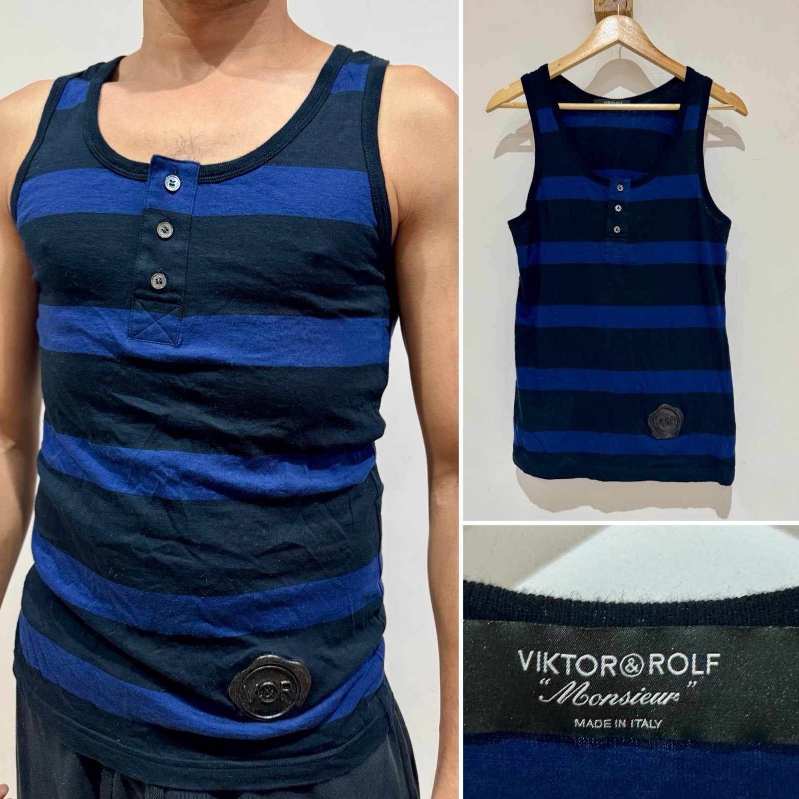 Viktor & Rolf Monsieur Men’s Black Blue Striped Hem Logo Jersey Tank Vest Top 48