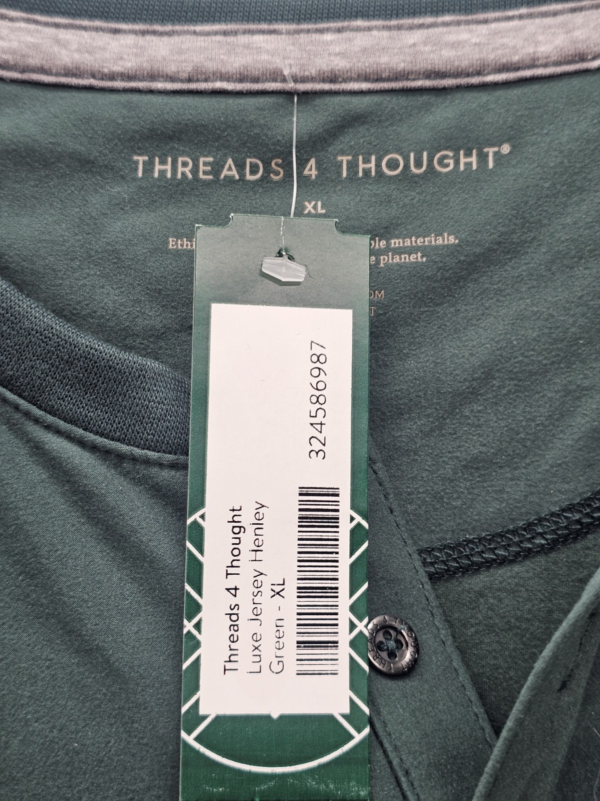Threads 4 Thought Men’s XL Luxe Jersey Henley Green Ethical Shirt NEW