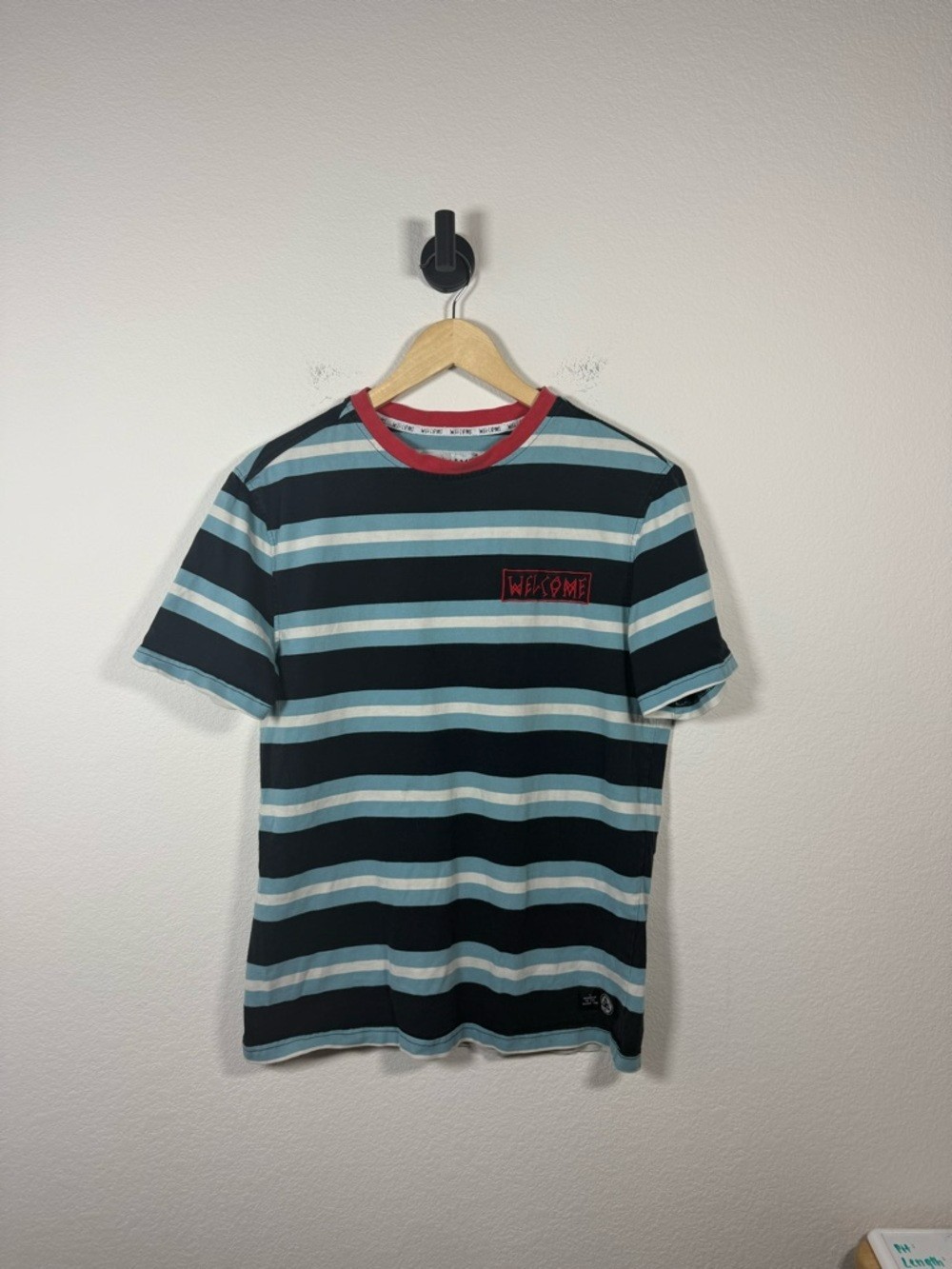 Welcome Skateboards Men’s Striped Crewneck Tee Blue/Red/Black/White M