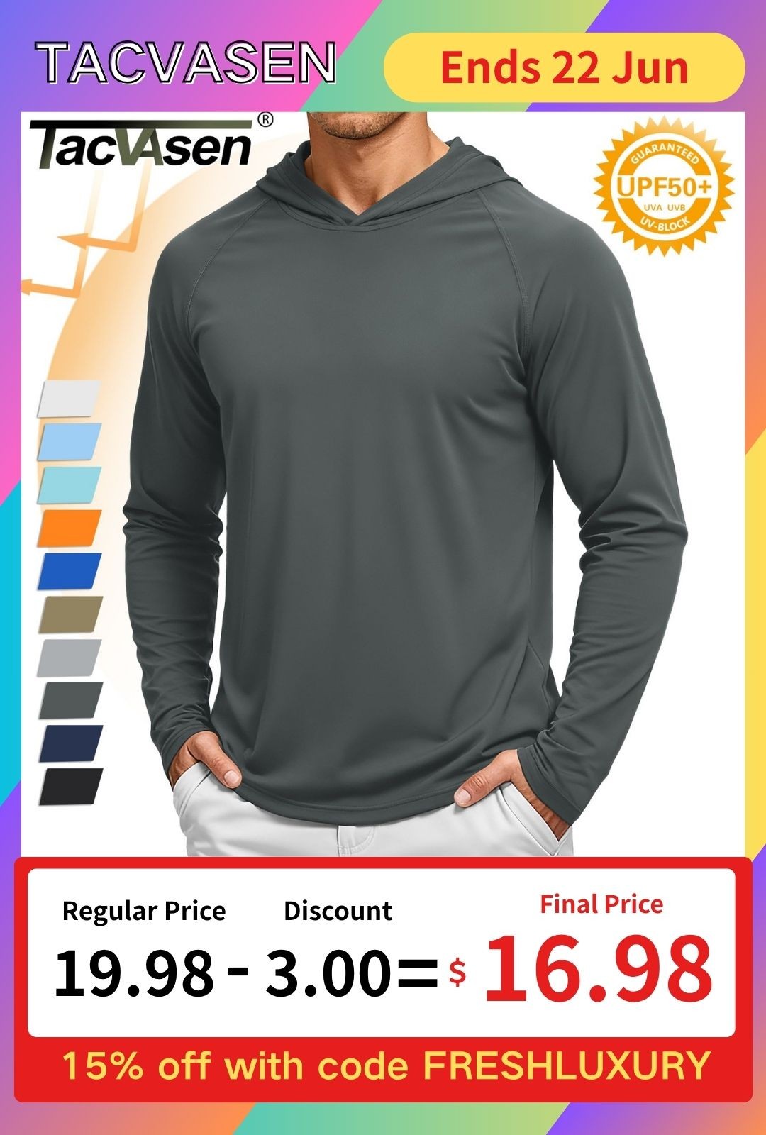 UPF50+ Mens Outdoor Fishing Hoodie Sun Block Skin Protection Long Sleeve T-Shirt