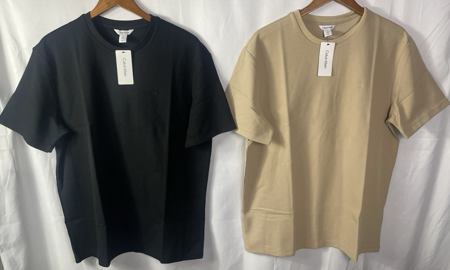 Calvin Klein Men’s Lot of 2 Size LARGE Black & Tan Waffle Tees NWT
