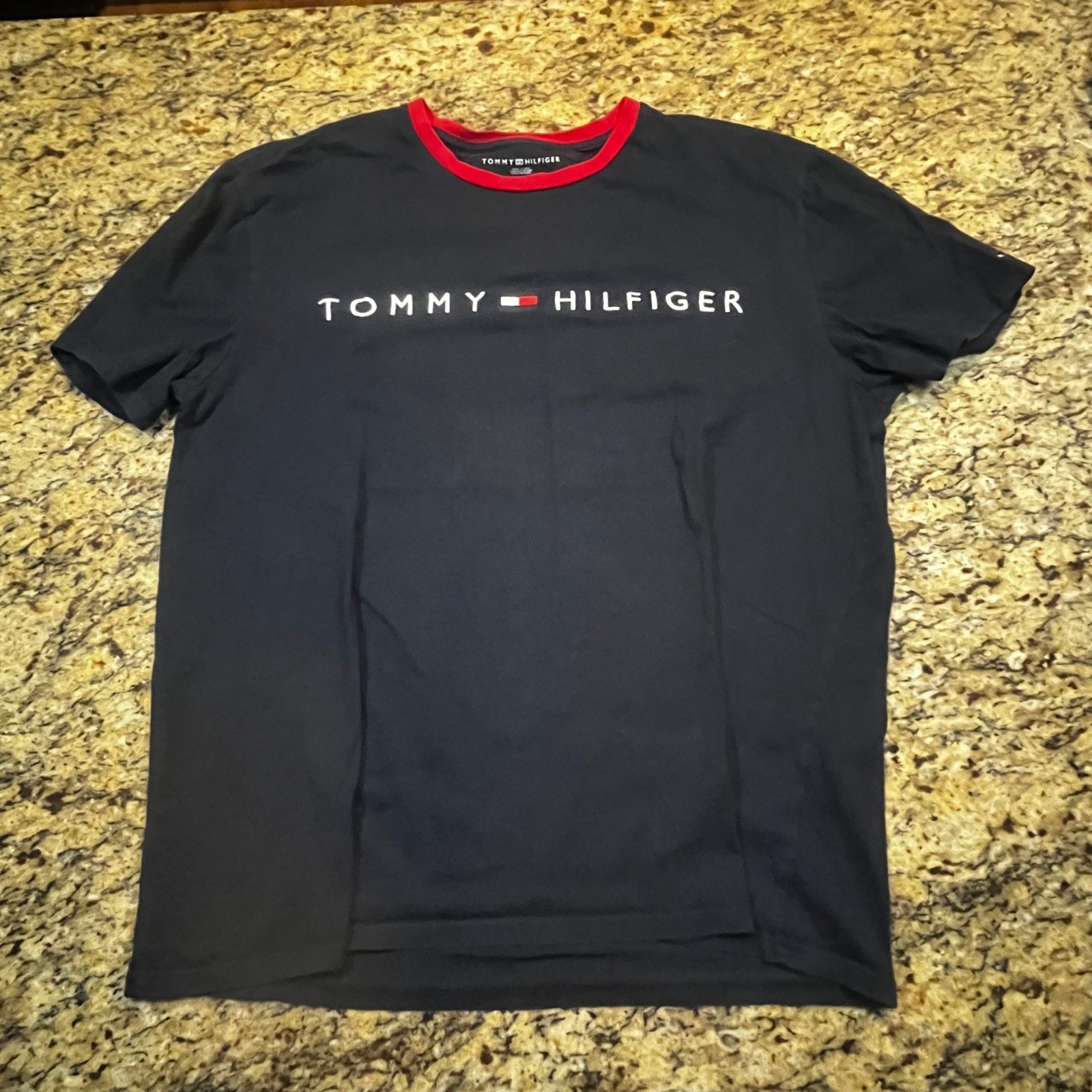 Tommy Hilfiger Mens XL Navy Blue Red Ringer Logo Graphic T-Shirt Short Sleeve