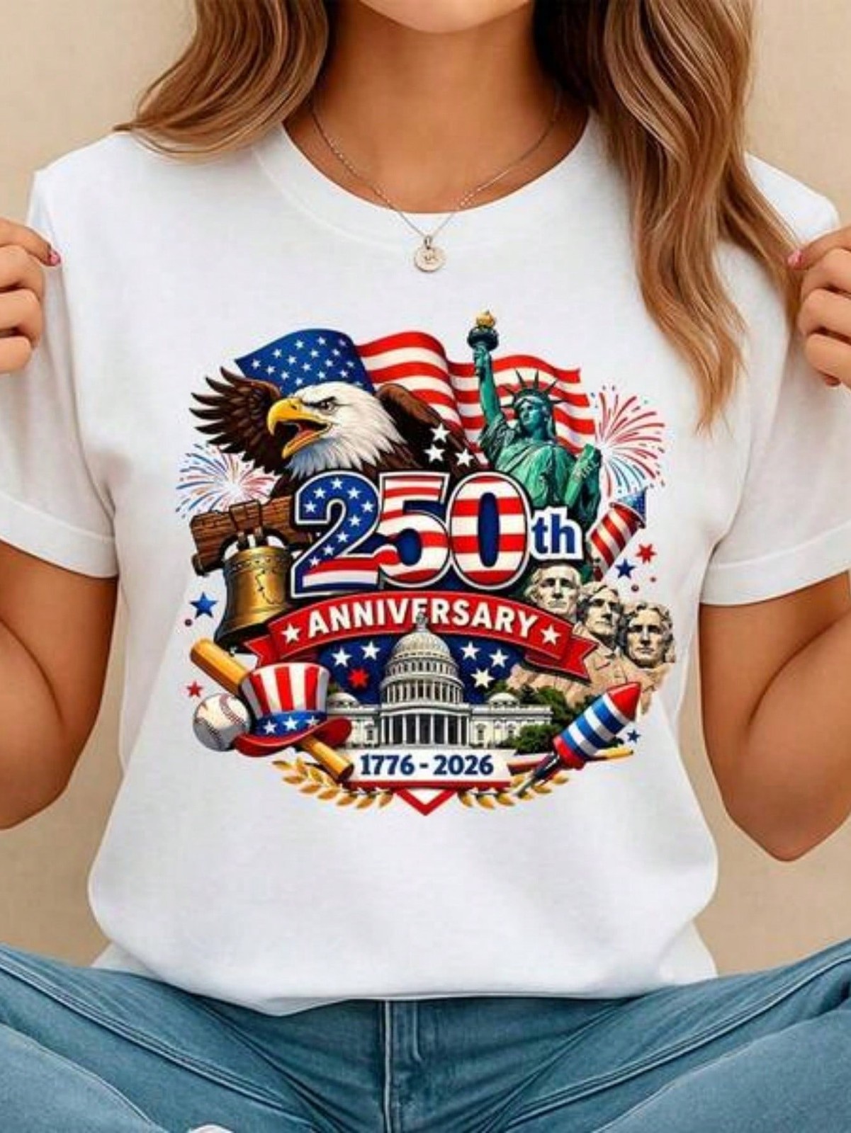 Women’s Crew Neck Summer Tee USA 250th Anniversary Patriotic Print Regular
