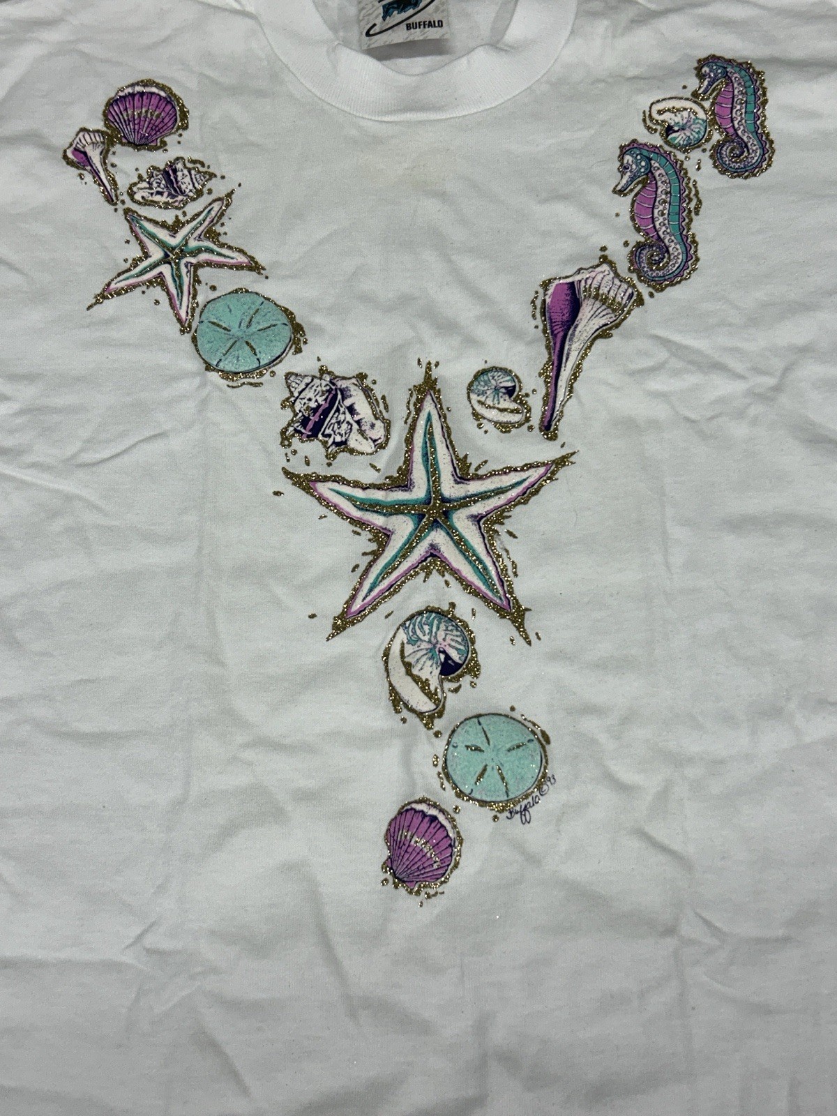Vintage 90s Glitter Magic Tropical Graphic T-Shirt Seashell Coral – Men’s XL