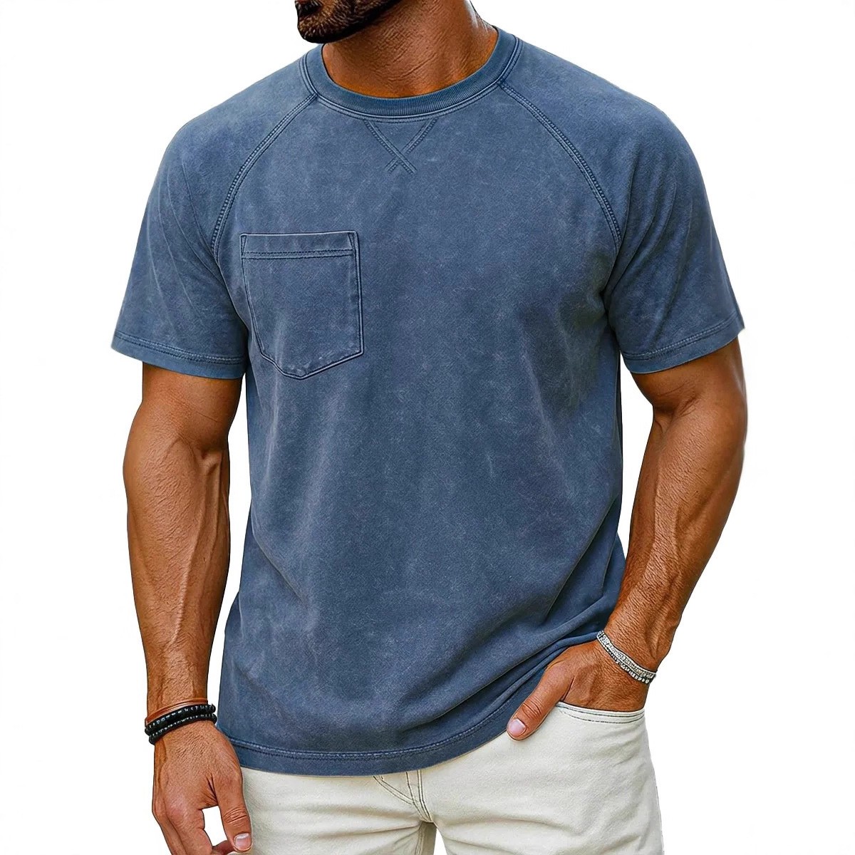 Men’s Vintage Washed Raglan Short Sleeve T-Shirt, Pocket Crew Neck Casual Tee