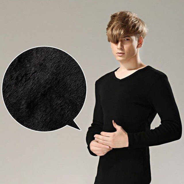 Mens Casual Workout V Neck Long Sleeve Fleece Top Slim Fit Warm Underwear Shirt