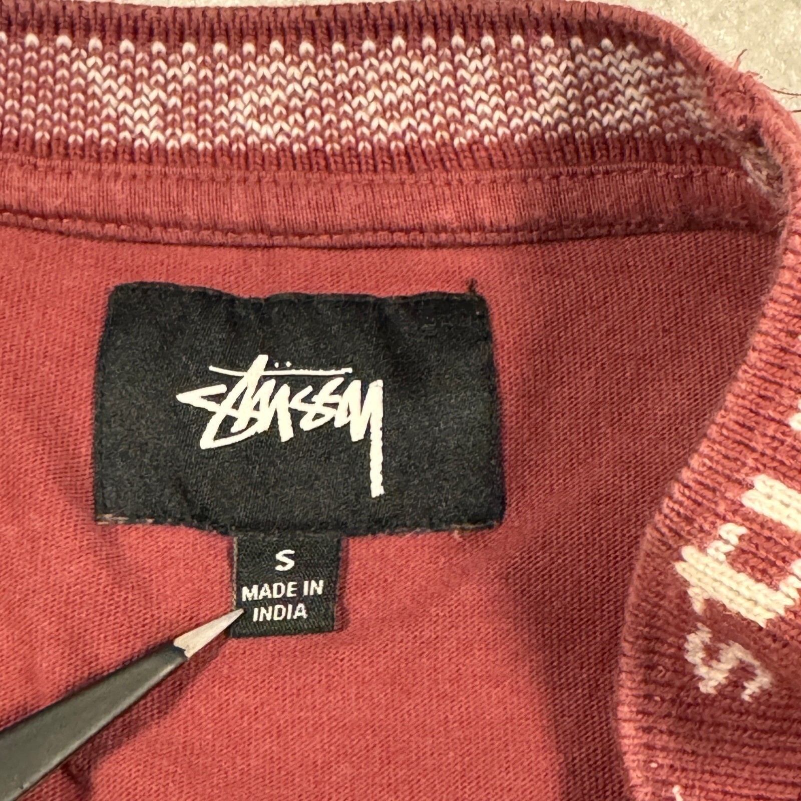 Stussy Mens Long Sleeve Logo Ribbed Collar T-Shirt Burgundy Red Size Small